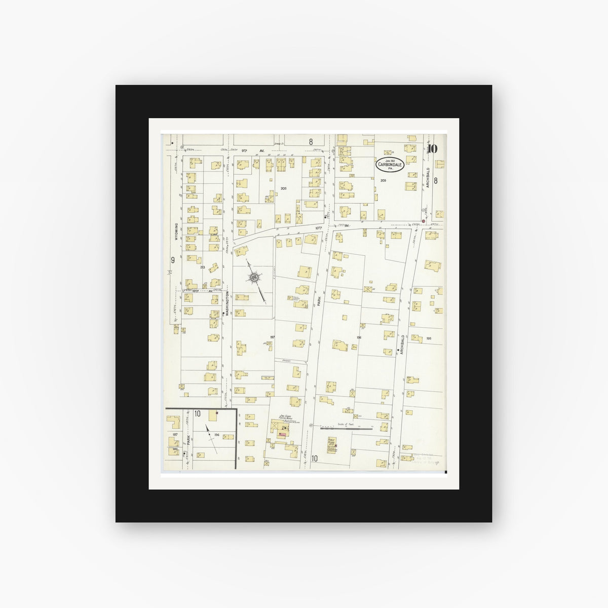 Old map wall art mockup — black gallery frame with white mat — Sanborn Fire Insurance Map from Carbondale, Lackawanna County, Pennsylvania (1912), Sheet #0010