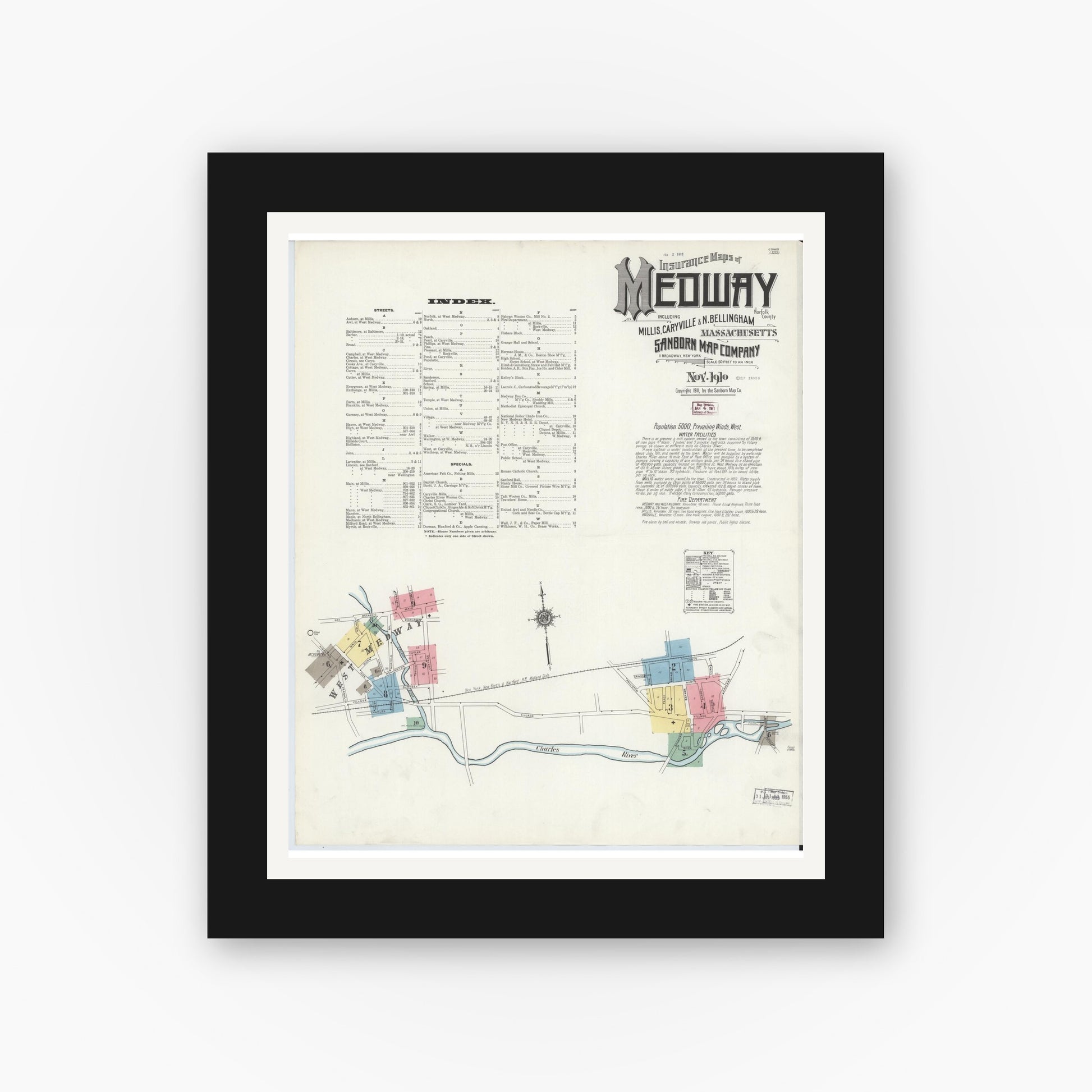 Old map wall art mockup — black gallery frame with white mat — Sanborn Fire Insurance Map from Medway, Norfolk County, Massachusetts (1910) - Complete Map Set