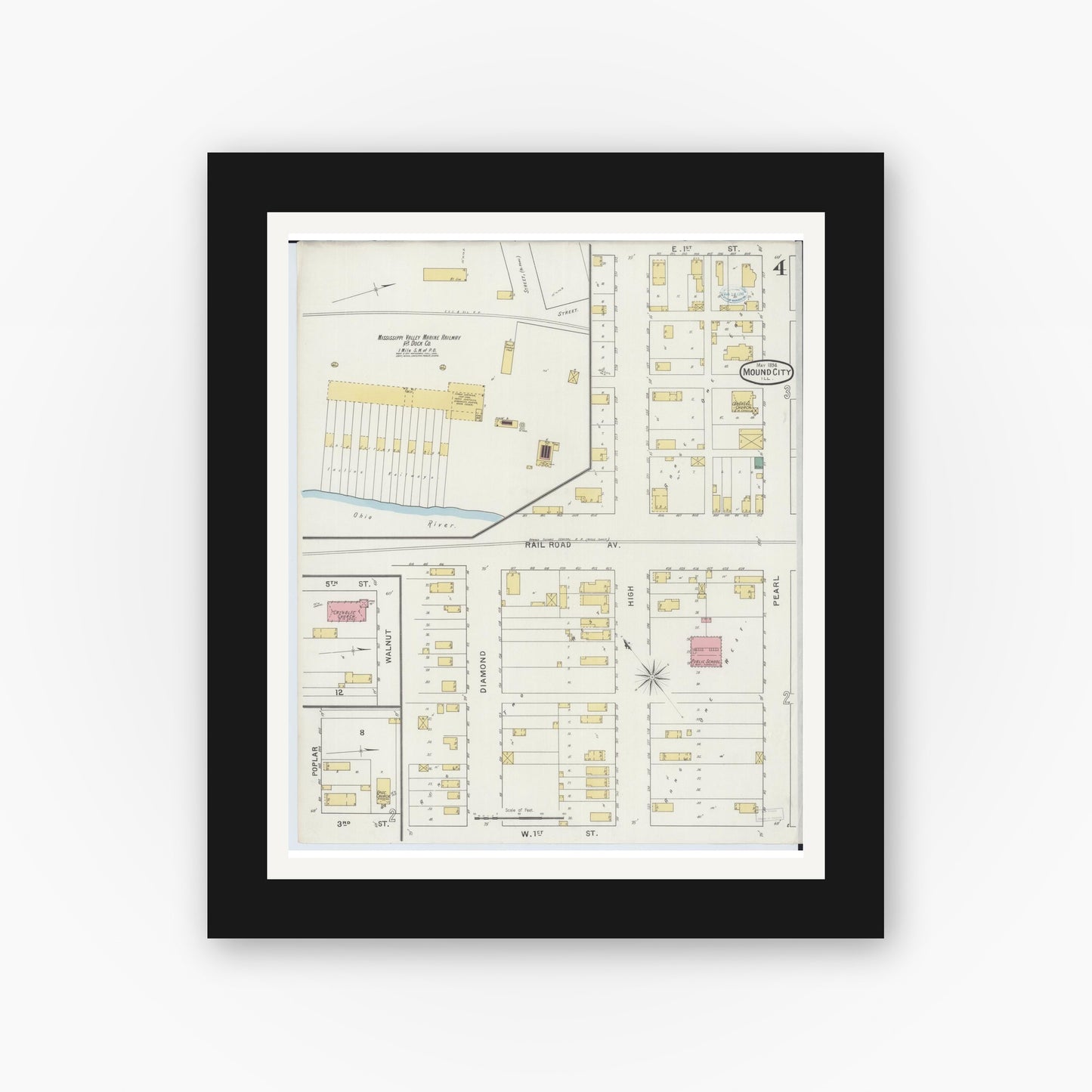 Old map wall art mockup — black gallery frame with white mat — Sanborn Fire Insurance Map from Mound City, Pulaski County, Illinois (1894), Sheet #0004