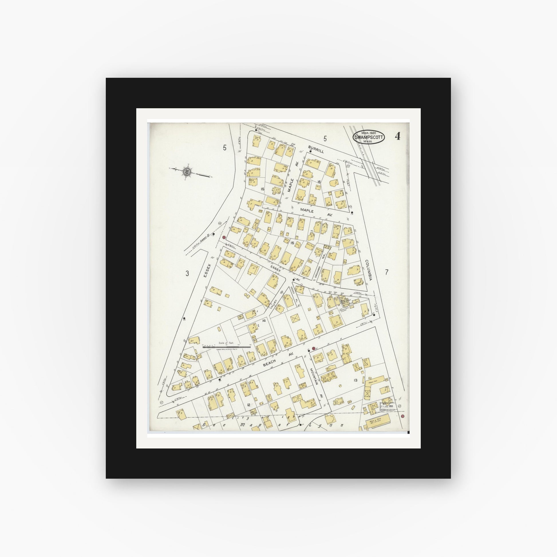 Old map wall art mockup — black gallery frame with white mat — Sanborn Fire Insurance Map from Swampscott, Essex County, Massachusetts (1920), Sheet #0004
