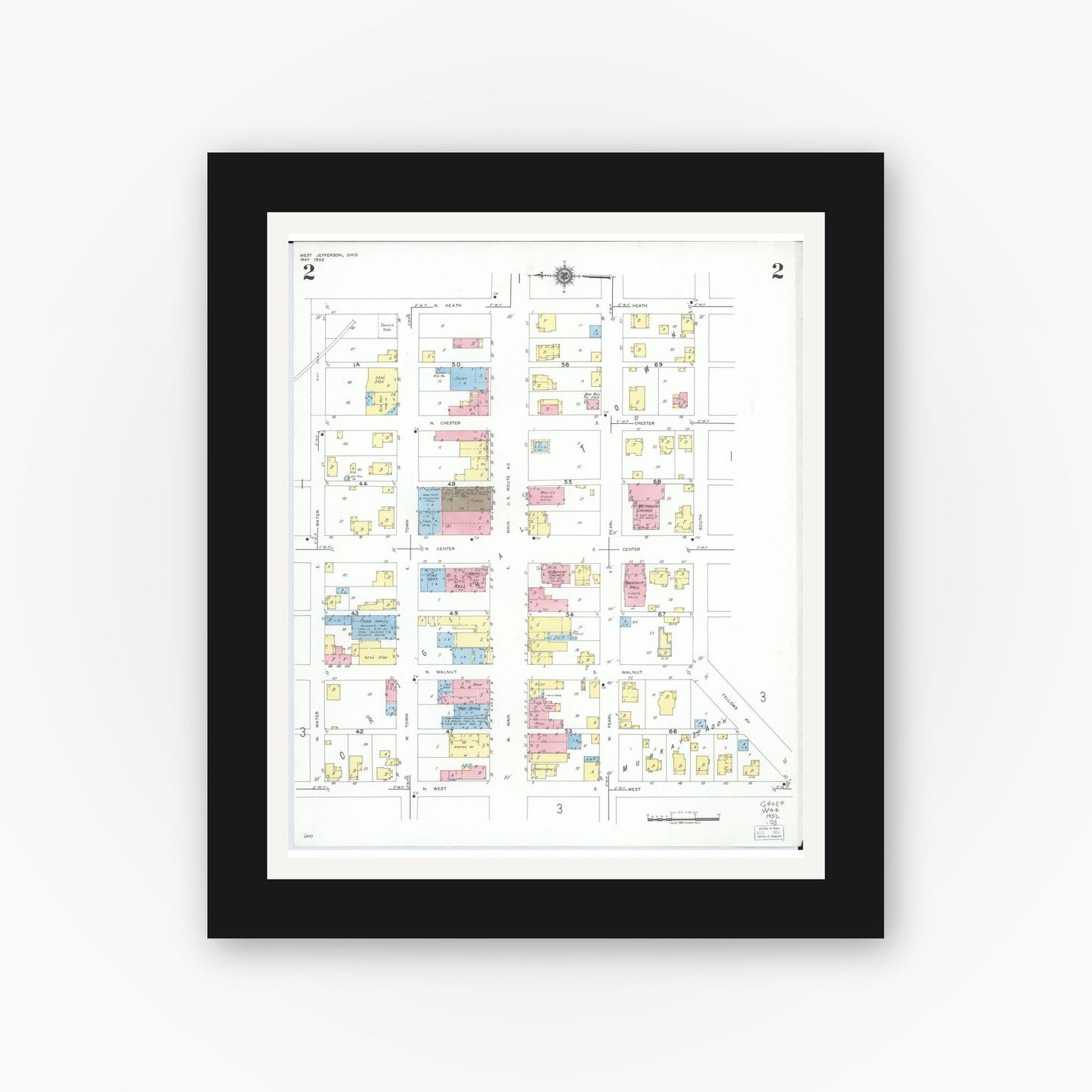 Old map wall art mockup — black gallery frame with white mat — Sanborn Fire Insurance Map from West Jefferson, Madison County, Ohio (1952), Sheet #0002