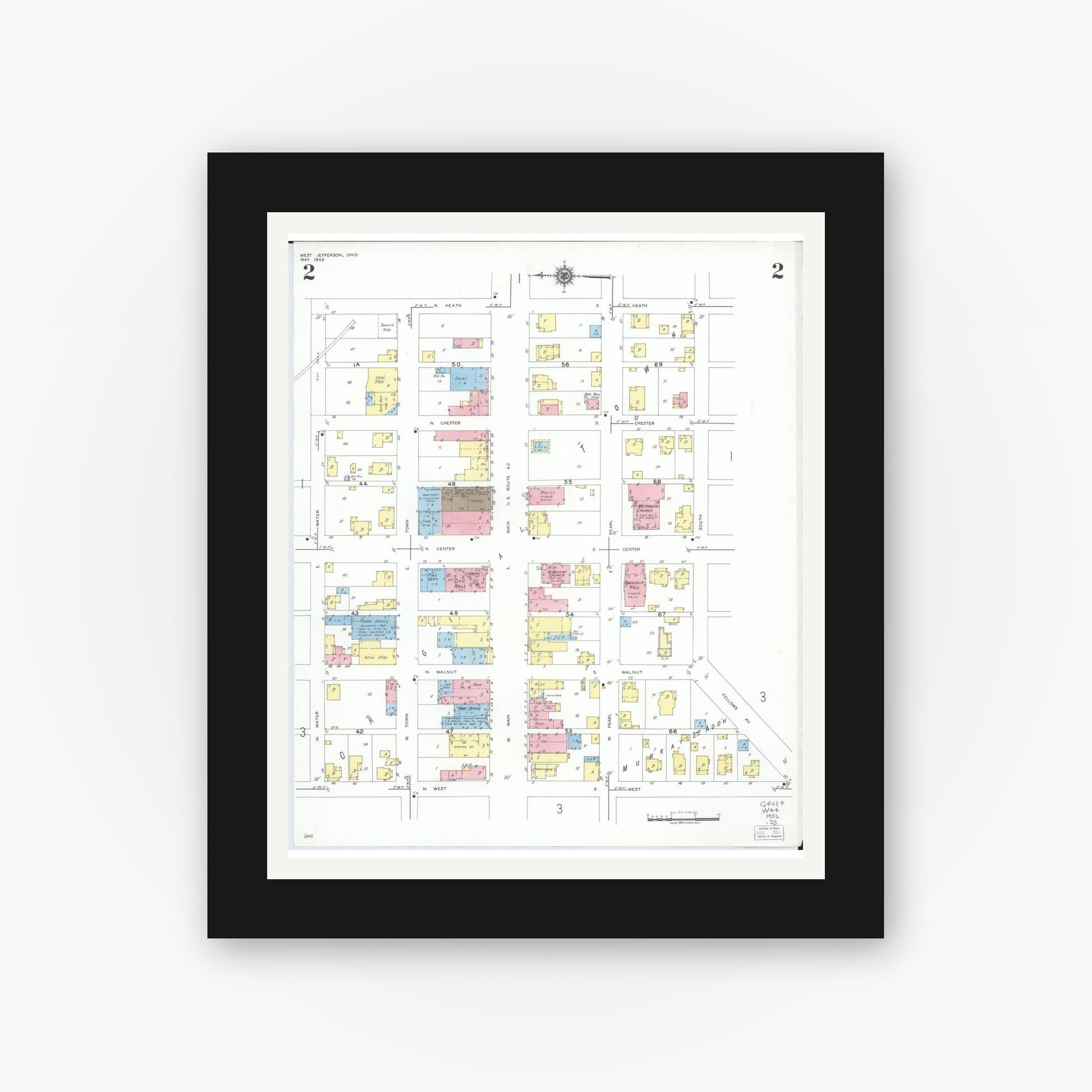 Old map wall art mockup — black gallery frame with white mat — Sanborn Fire Insurance Map from West Jefferson, Madison County, Ohio (1952), Sheet #0002