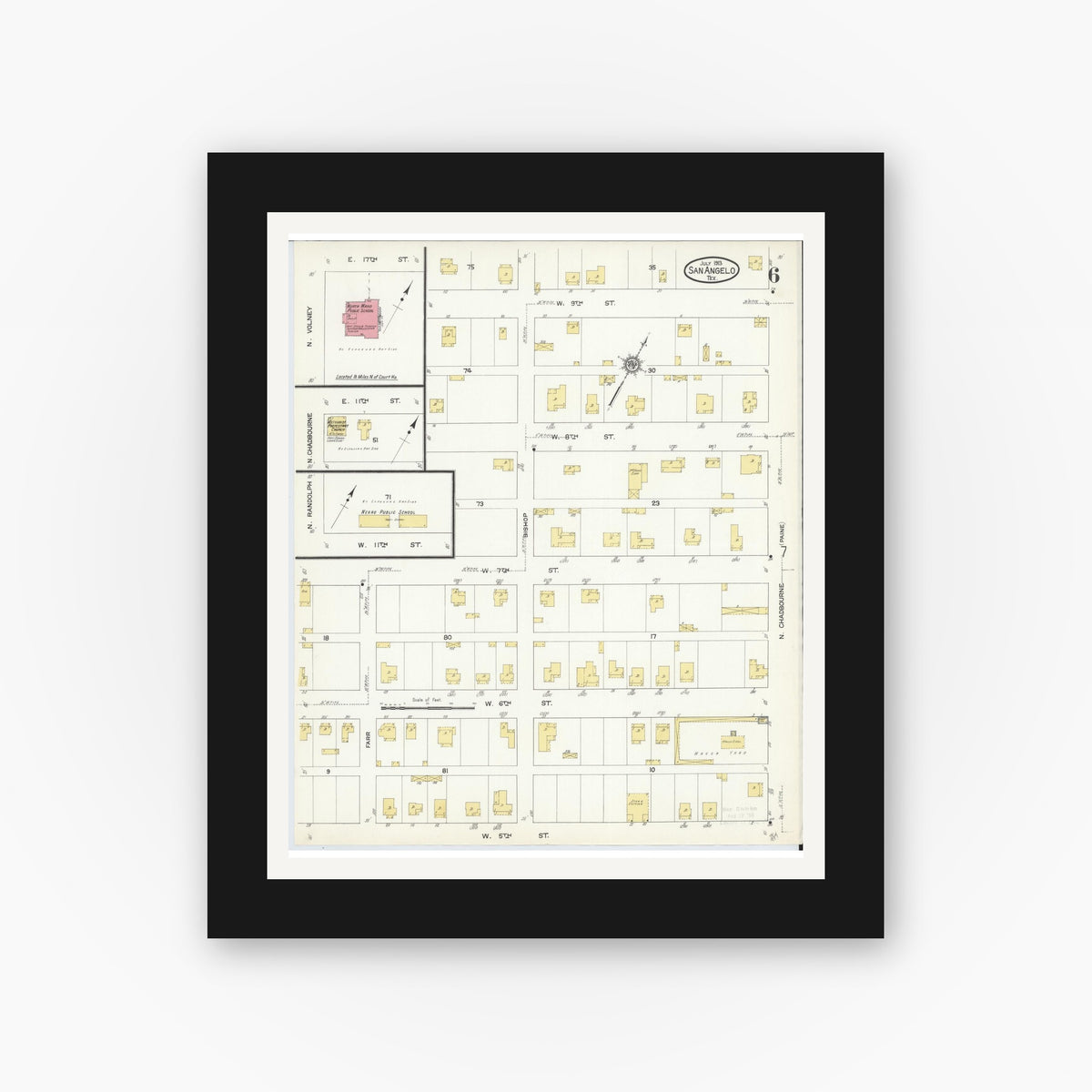 Old map wall art mockup — black gallery frame with white mat — Sanborn Fire Insurance Map from San Angelo, Tom Green County, Texas (1913), Sheet #0006