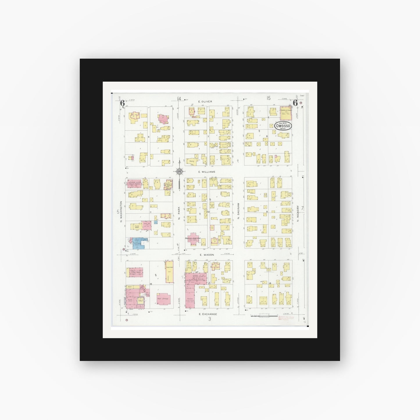 Old map wall art mockup — black gallery frame with white mat — Sanborn Fire Insurance Map from Owosso, Shiawassee County, Michigan (1930), Sheet #0006