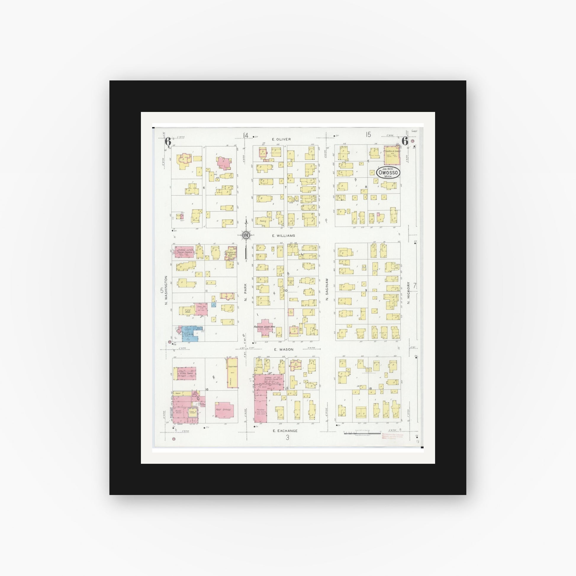 Old map wall art mockup — black gallery frame with white mat — Sanborn Fire Insurance Map from Owosso, Shiawassee County, Michigan (1930), Sheet #0006