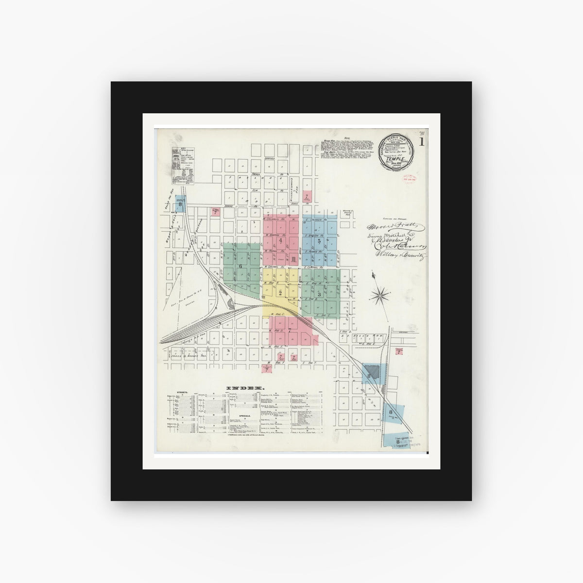 Old map wall art mockup — black gallery frame with white mat — Sanborn Fire Insurance Map from Temple, Bell County, Texas (1896) - Complete Map Set