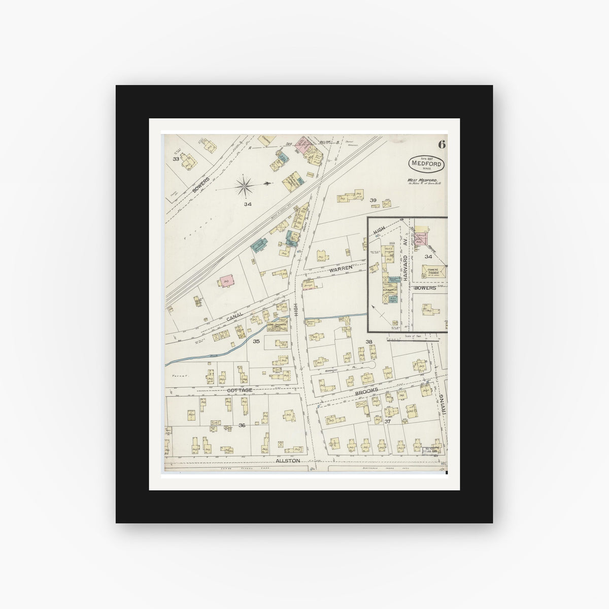 Old map wall art mockup — black gallery frame with white mat — Sanborn Fire Insurance Map from Medford, Middlesex County, Massachusetts (1887), Sheet #0006