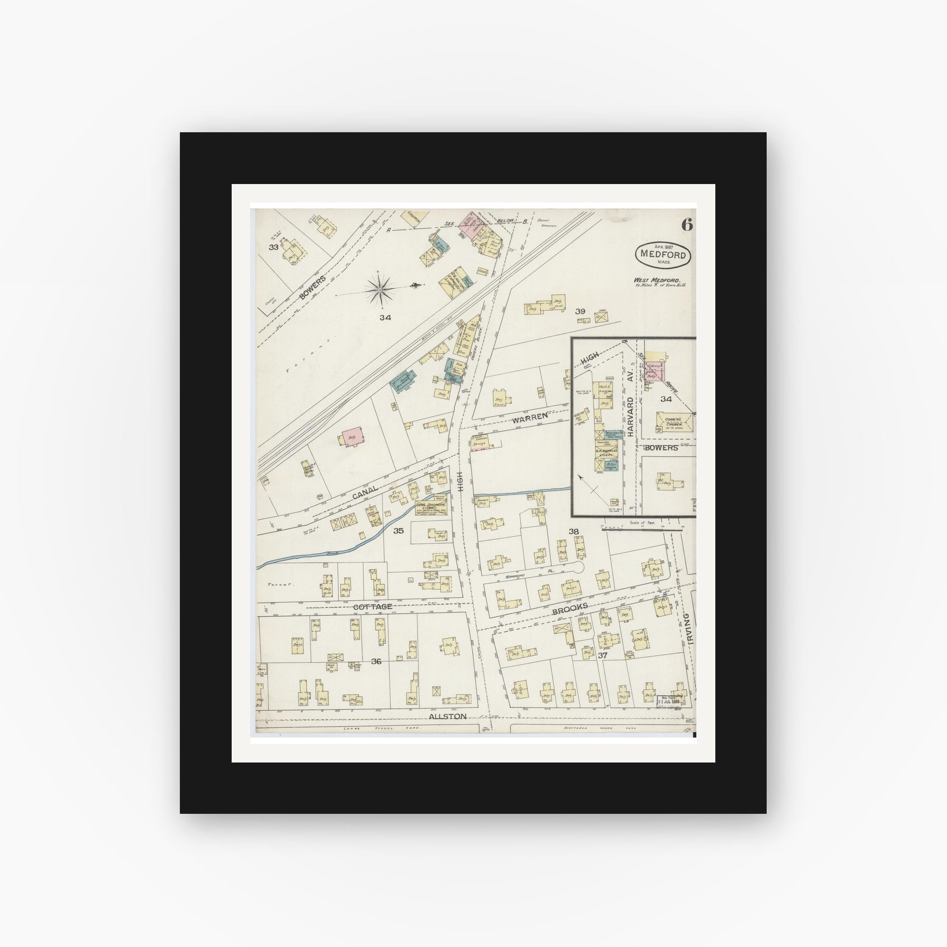 Old map wall art mockup — black gallery frame with white mat — Sanborn Fire Insurance Map from Medford, Middlesex County, Massachusetts (1887), Sheet #0006