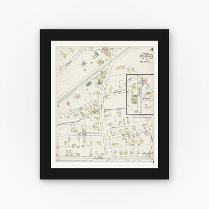 Old map wall art mockup — black gallery frame with white mat — Sanborn Fire Insurance Map from Medford, Middlesex County, Massachusetts (1887), Sheet #0006
