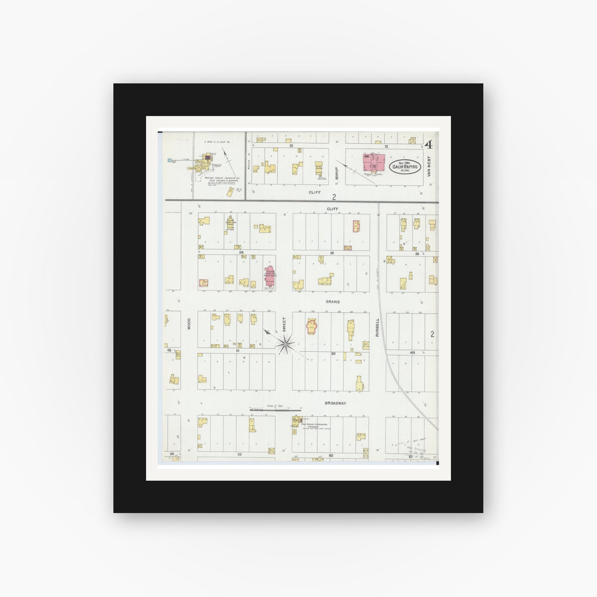 Old map wall art mockup — black gallery frame with white mat — Sanborn Fire Insurance Map from Sauk Rapids, Benton County, Minnesota (1904), Sheet #0004
