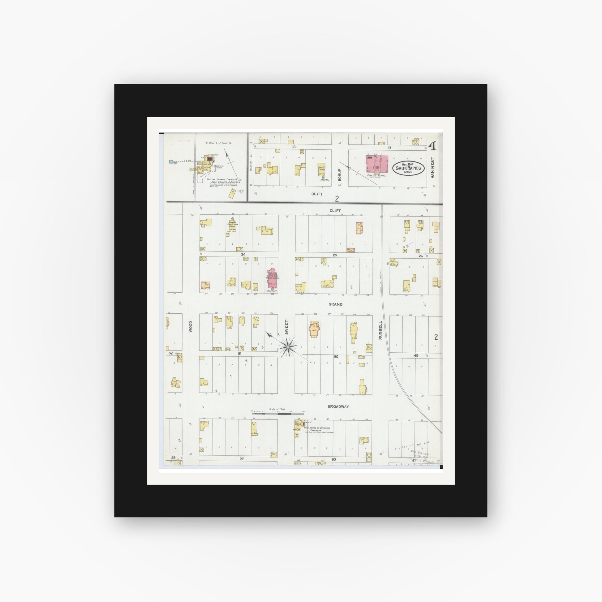 Old map wall art mockup — black gallery frame with white mat — Sanborn Fire Insurance Map from Sauk Rapids, Benton County, Minnesota (1904), Sheet #0004