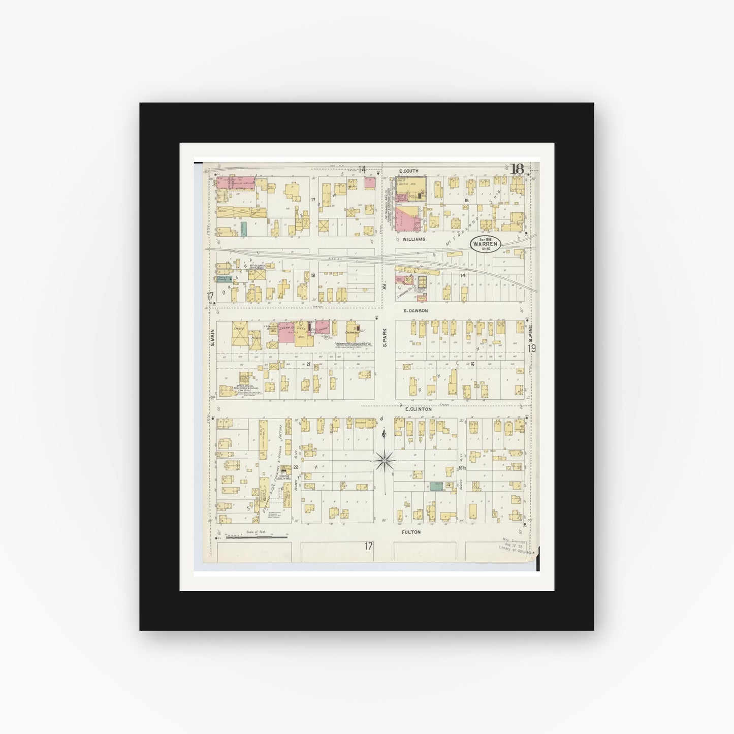 Old map wall art mockup — black gallery frame with white mat — Sanborn Fire Insurance Map from Warren, Trumbull County, Ohio (1902), Sheet #0018