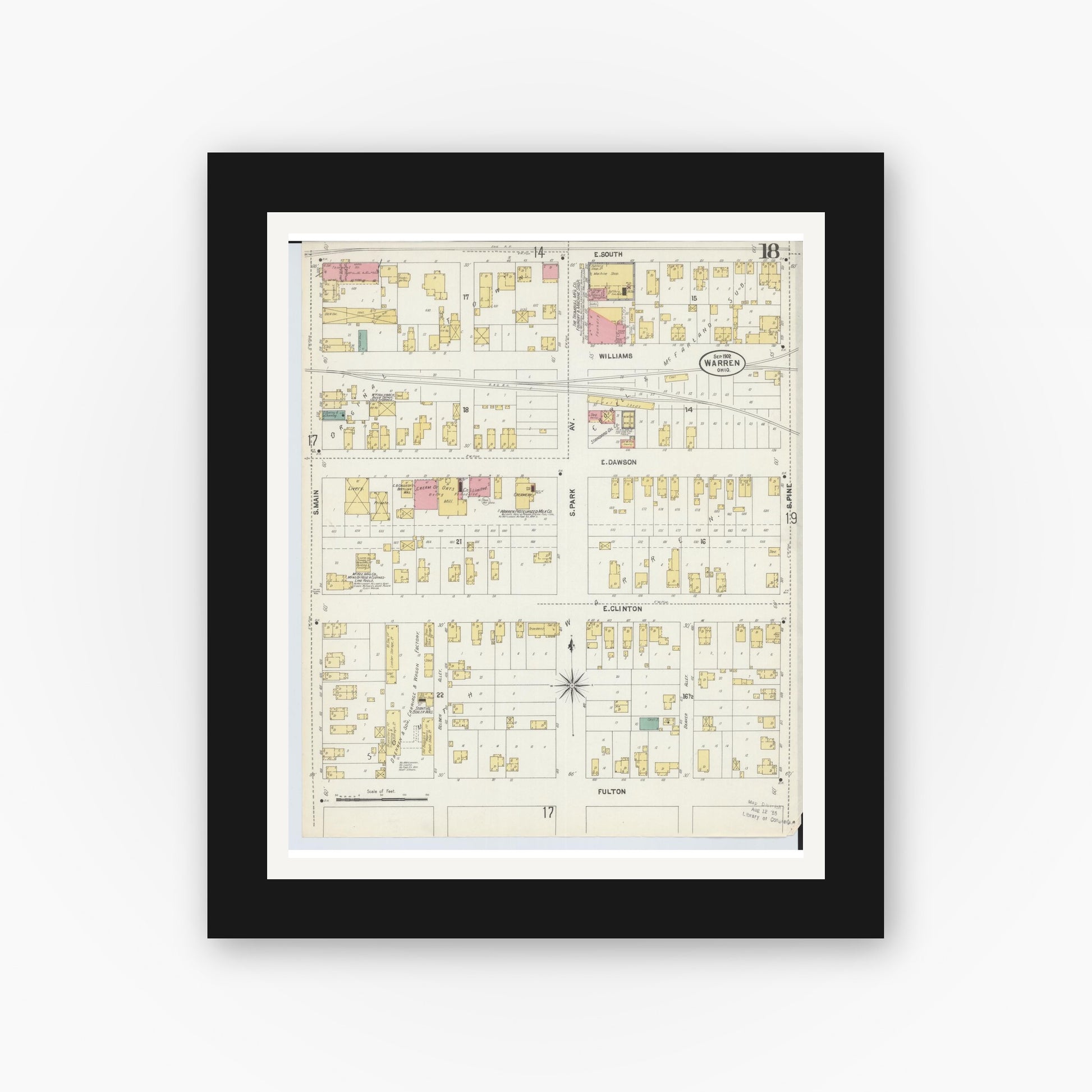 Old map wall art mockup — black gallery frame with white mat — Sanborn Fire Insurance Map from Warren, Trumbull County, Ohio (1902), Sheet #0018