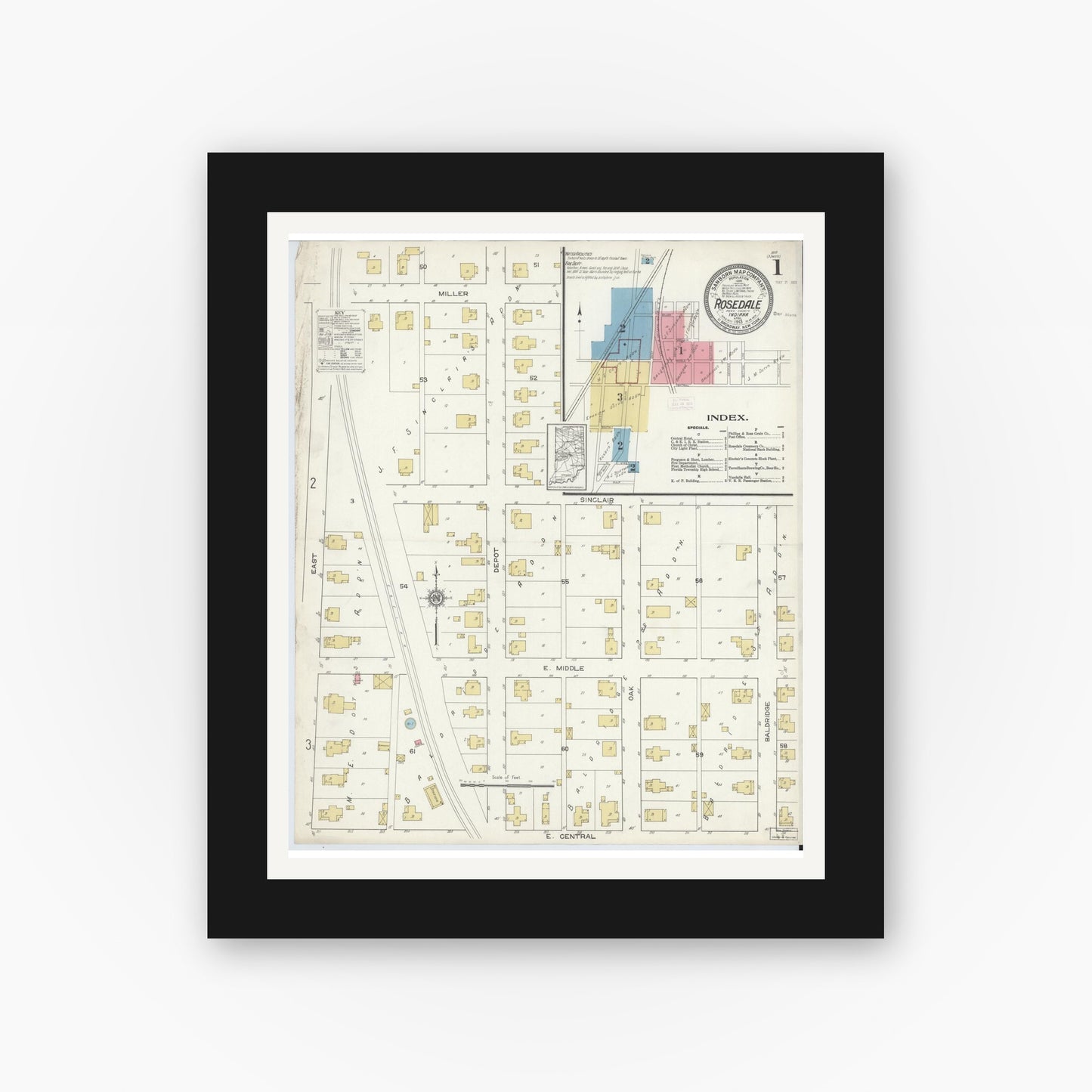 Old map wall art mockup — black gallery frame with white mat — Sanborn Fire Insurance Map from Rosedale, Parke County, Indiana (1913) - Complete Map Set