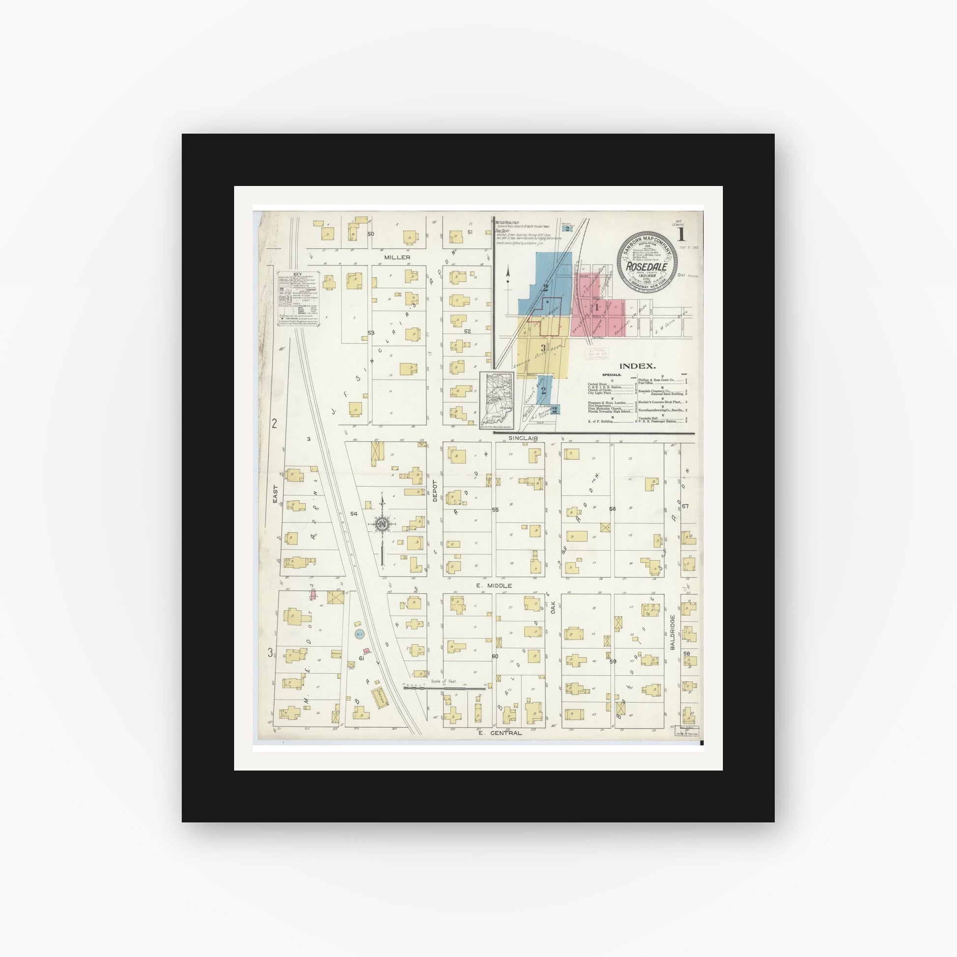 Old map wall art mockup — black gallery frame with white mat — Sanborn Fire Insurance Map from Rosedale, Parke County, Indiana (1913) - Complete Map Set
