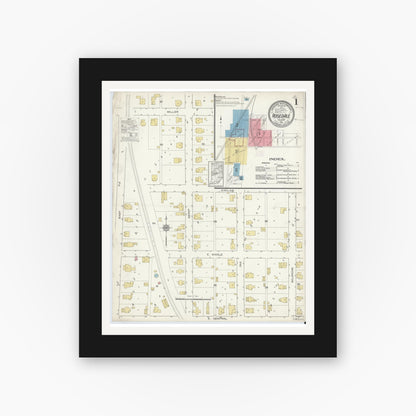 Old map wall art mockup — black gallery frame with white mat — Sanborn Fire Insurance Map from Rosedale, Parke County, Indiana (1913) - Complete Map Set