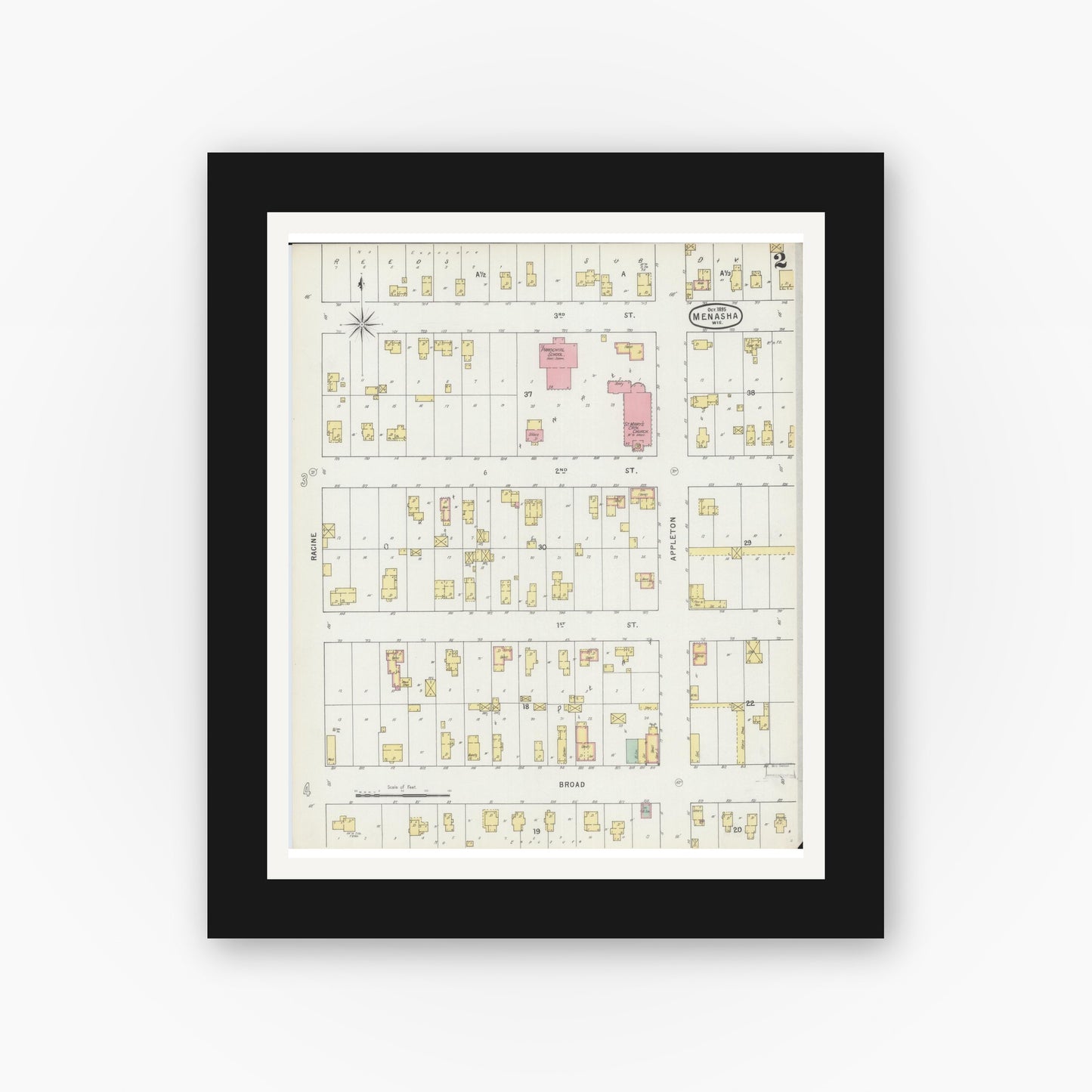 Old map wall art mockup — black gallery frame with white mat — Sanborn Fire Insurance Map from Menasha, Winnebago County, Wisconsin (1895), Sheet #0002