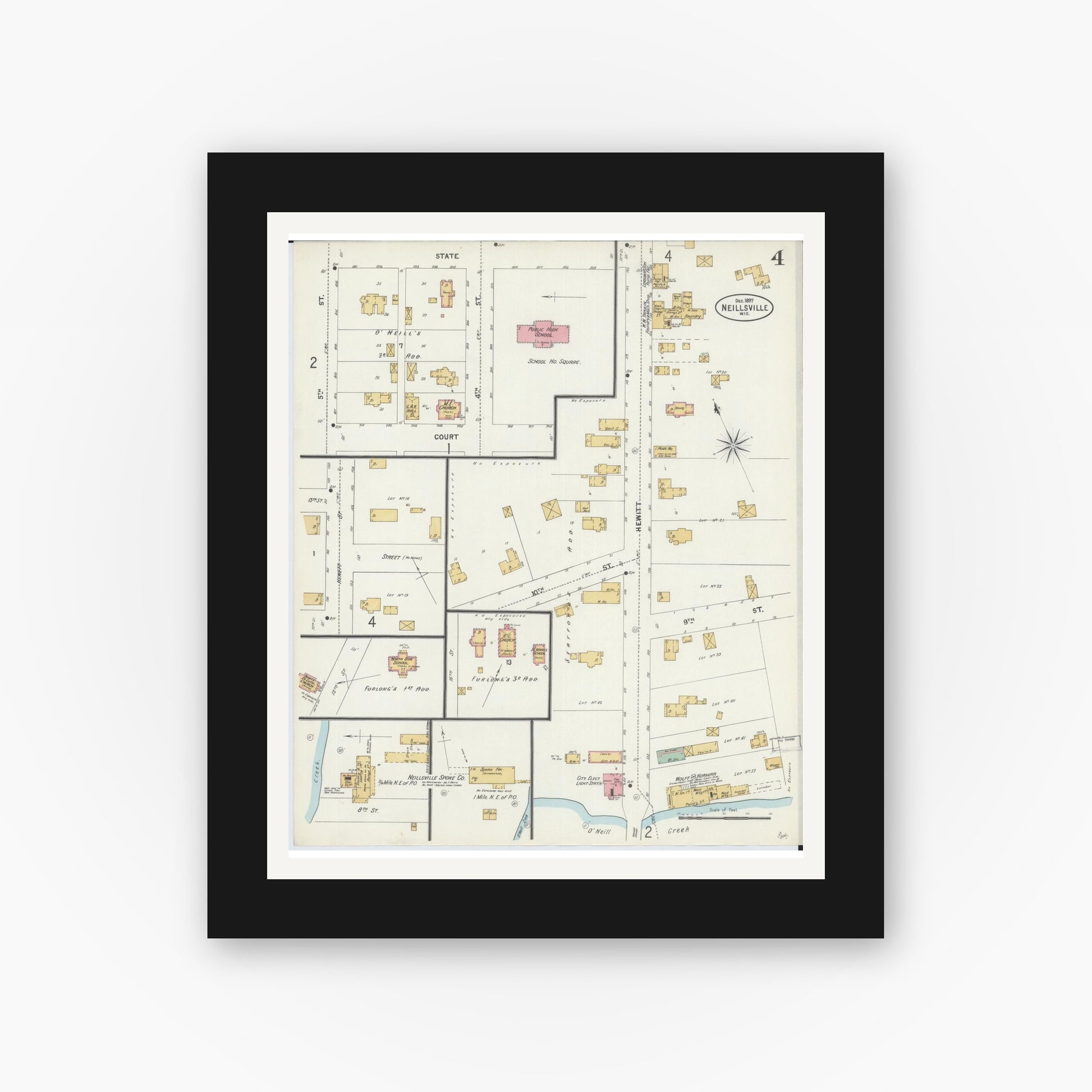 Old map wall art mockup — black gallery frame with white mat — Sanborn Fire Insurance Map from Neillsville, Clark County, Wisconsin (1897), Sheet #0004