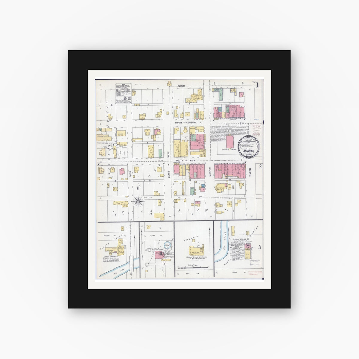 Old map wall art mockup — black gallery frame with white mat — Sanborn Fire Insurance Map from Bethany, Harrison County, Missouri (1900) - Complete Map Set