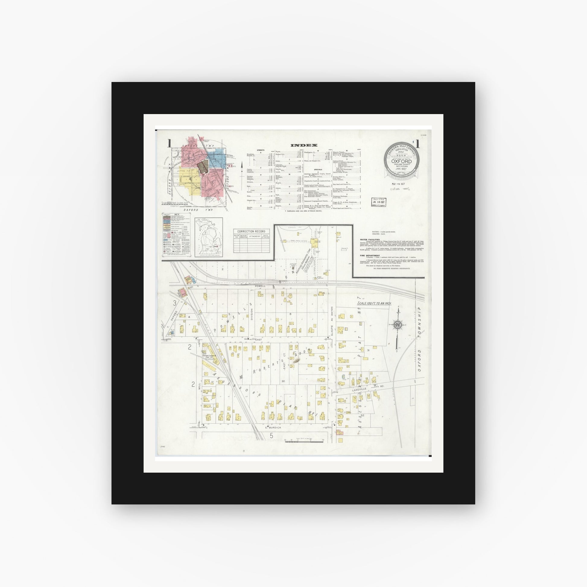 Old map wall art mockup — black gallery frame with white mat — Sanborn Fire Insurance Map from Oxford, Oakland County, Michigan (1937) - Complete Map Set