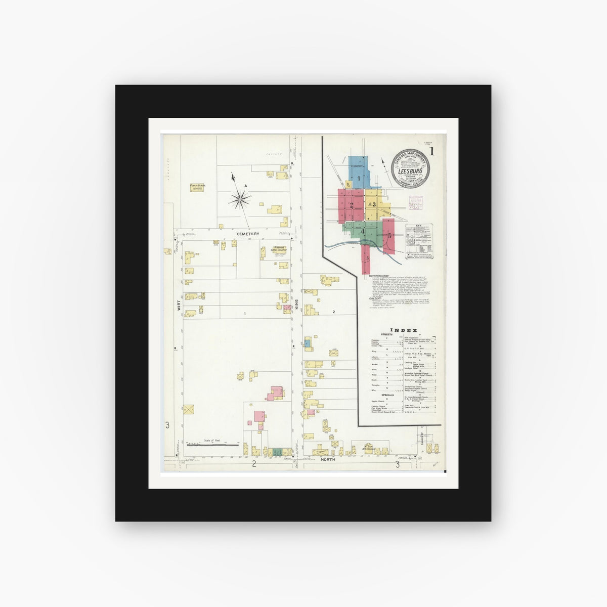 Old map wall art mockup — black gallery frame with white mat — Sanborn Fire Insurance Map from Leesburg, Loudoun County, Virginia (1907) - Complete Map Set
