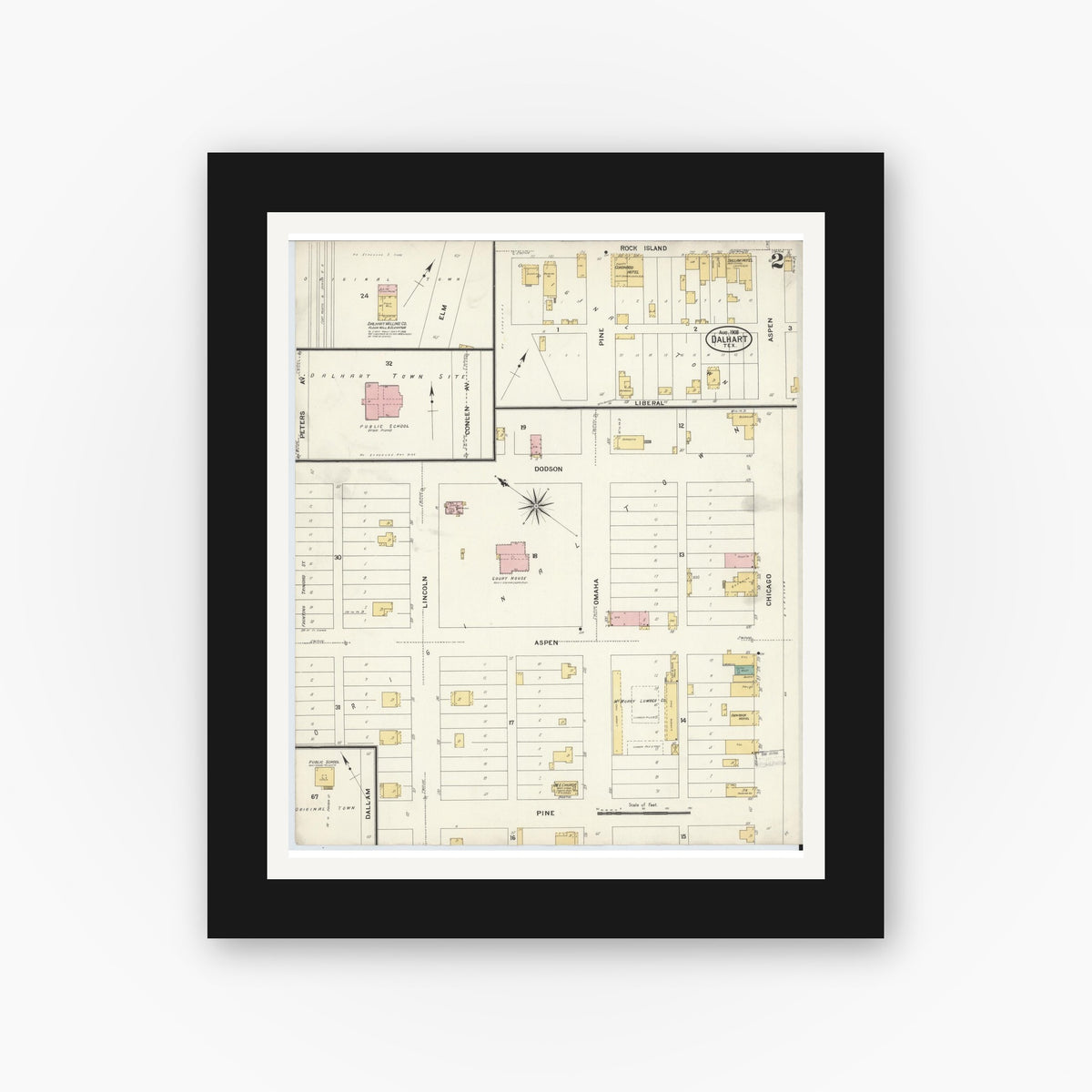 Old map wall art mockup — black gallery frame with white mat — Sanborn Fire Insurance Map from Dalhart, Dallam And Hartley County, Texas (1908), Sheet #0002