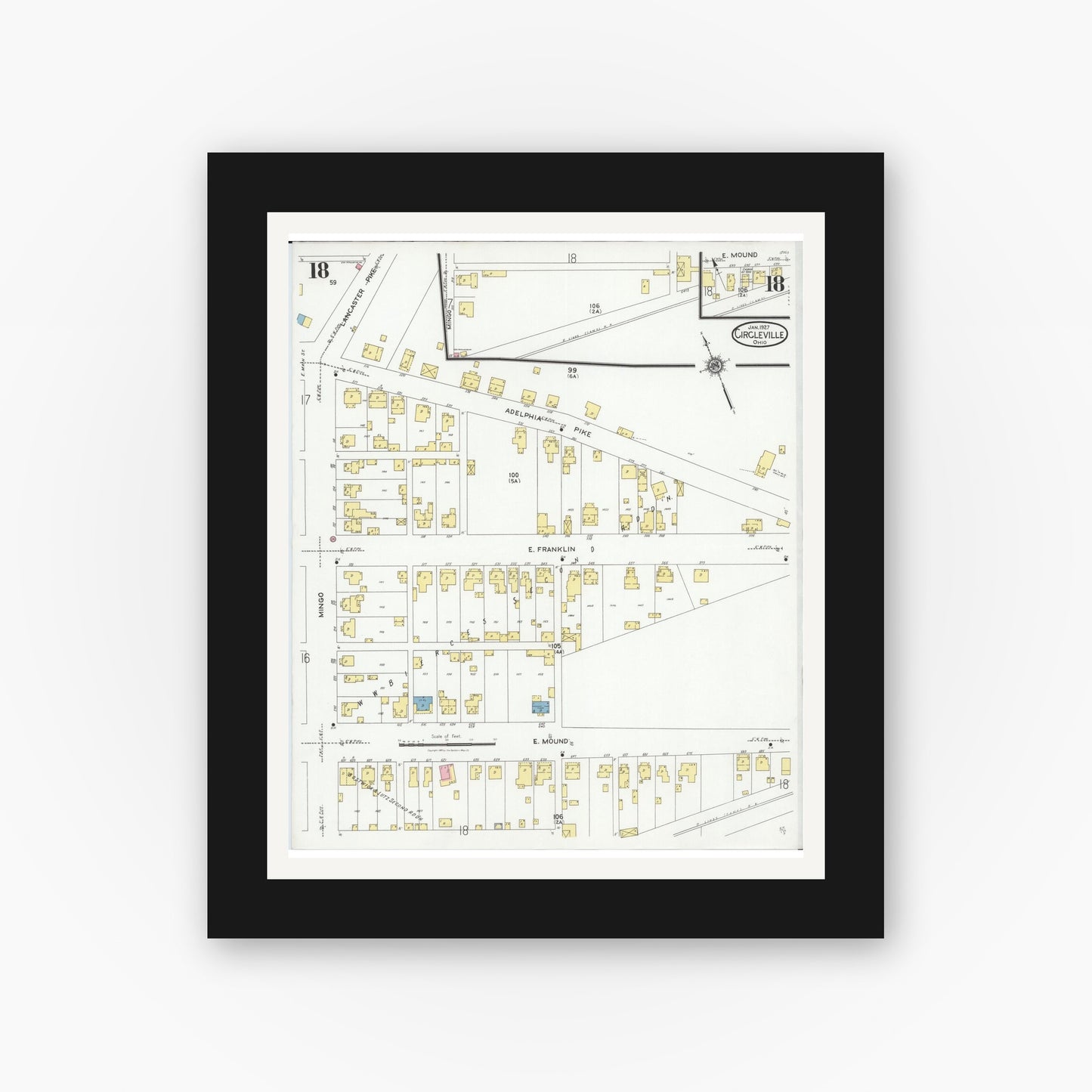 Old map wall art mockup — black gallery frame with white mat — Sanborn Fire Insurance Map from Circleville, Pickaway County, Ohio (1927), Sheet #0018