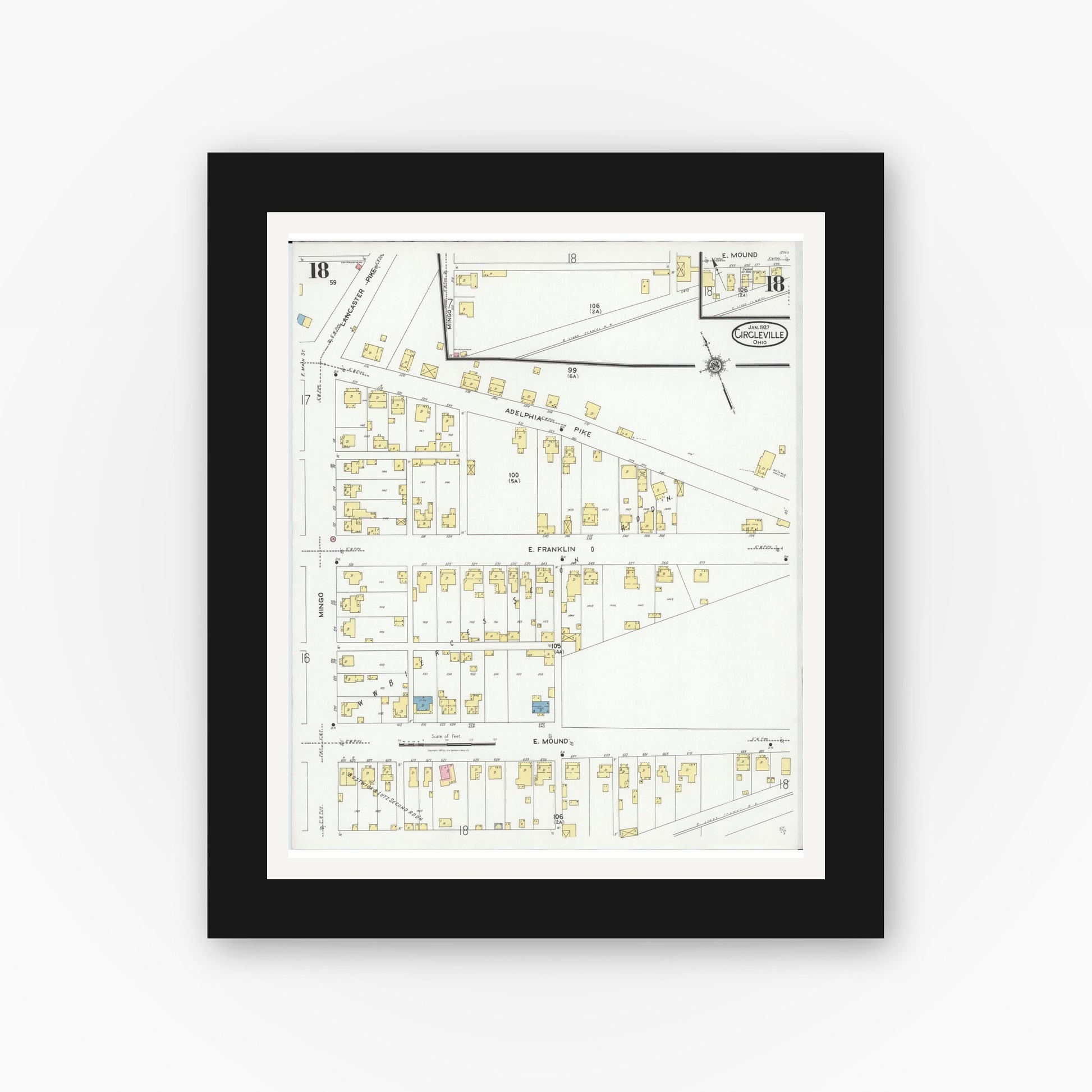 Old map wall art mockup — black gallery frame with white mat — Sanborn Fire Insurance Map from Circleville, Pickaway County, Ohio (1927), Sheet #0018