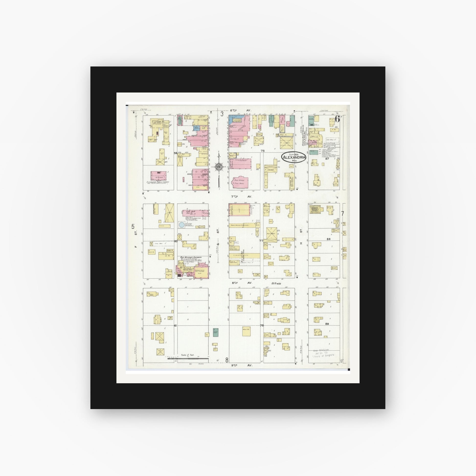 Old map wall art mockup — black gallery frame with white mat — Sanborn Fire Insurance Map from Alexandria, Douglas County, Minnesota (1909), Sheet #0006