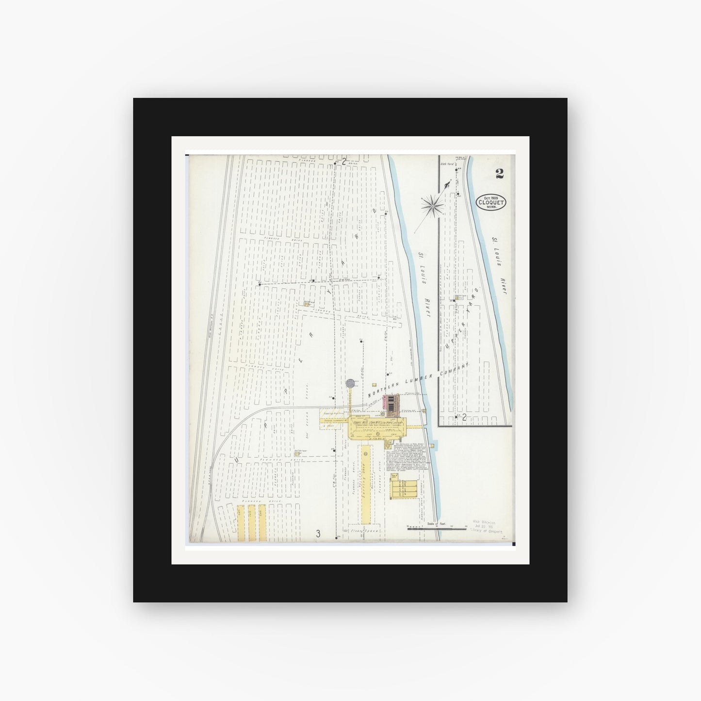 Old map wall art mockup — black gallery frame with white mat — Sanborn Fire Insurance Map from Cloquet, Carlton County, Minnesota (1905), Sheet #0002