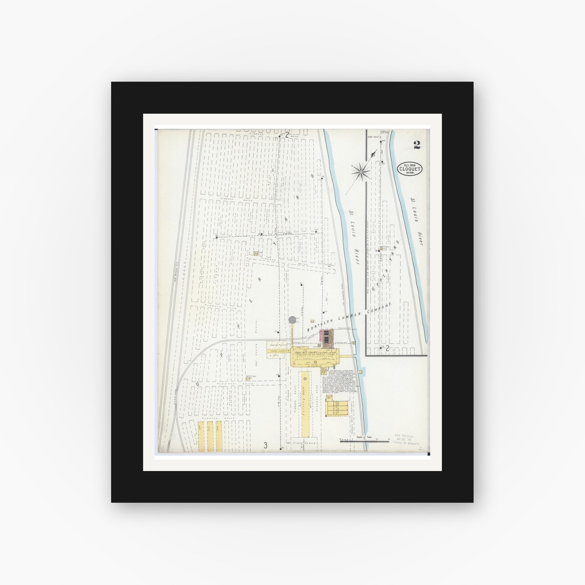 Old map wall art mockup — black gallery frame with white mat — Sanborn Fire Insurance Map from Cloquet, Carlton County, Minnesota (1905), Sheet #0002