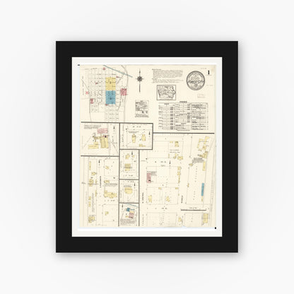 Old map wall art mockup — black gallery frame with white mat — Sanborn Fire Insurance Map from Forest City, Winnebago County, Iowa (1913), Sheet #0001