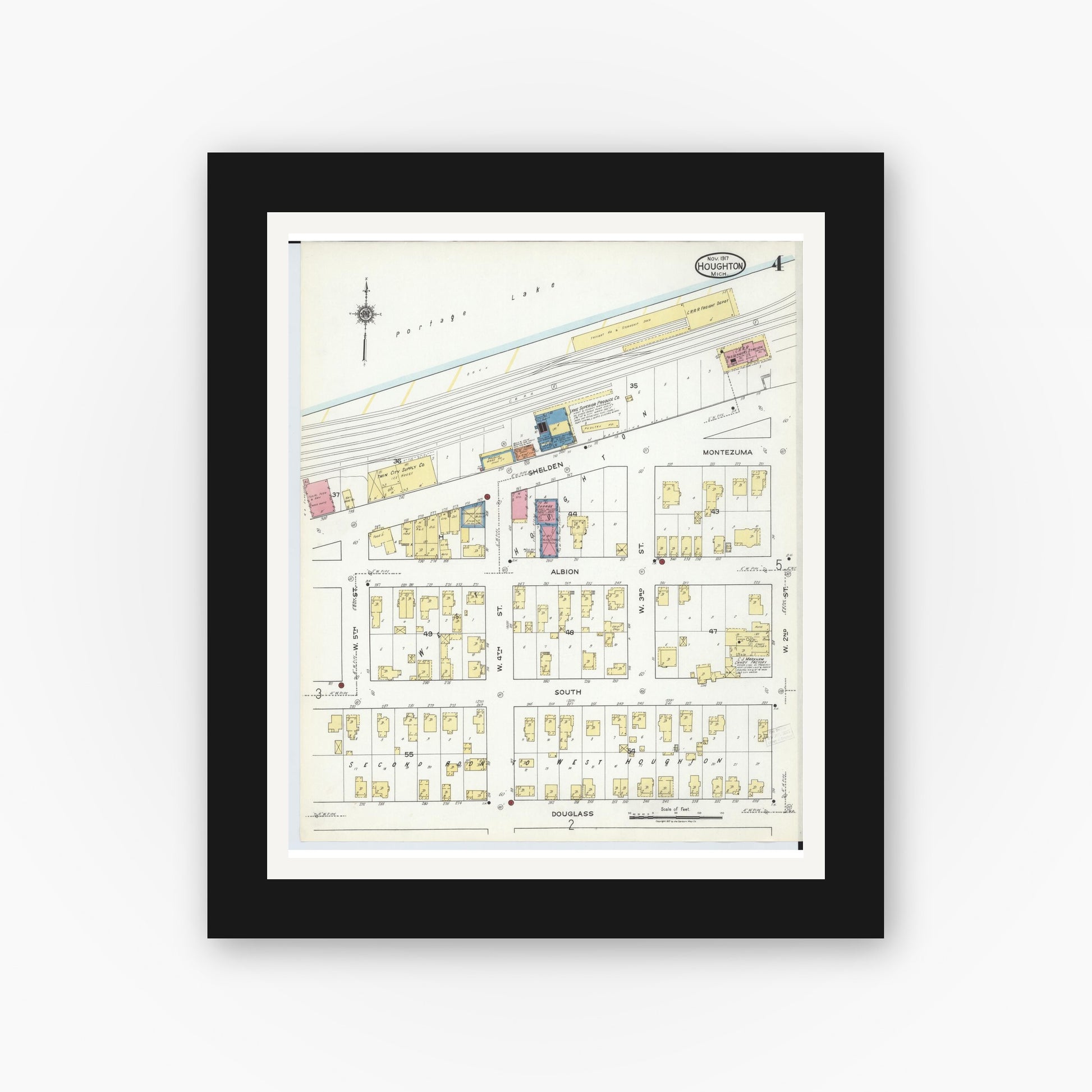 Old map wall art mockup — black gallery frame with white mat — Sanborn Fire Insurance Map from Houghton, Houghton County, Michigan (1917), Sheet #0004