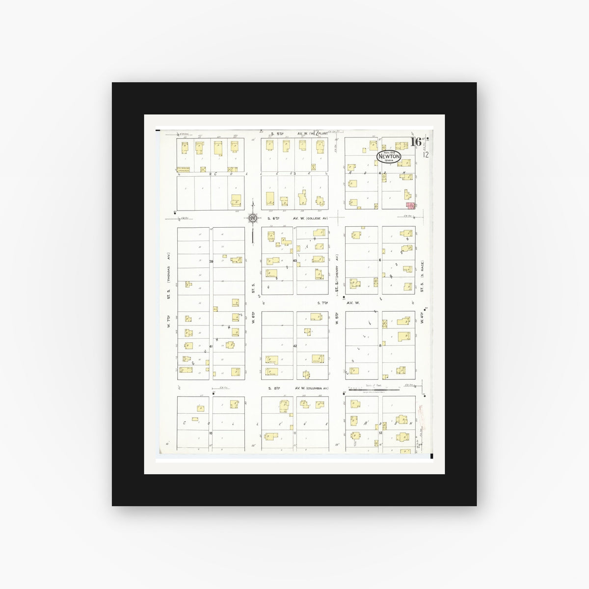 Old map wall art mockup — black gallery frame with white mat — Sanborn Fire Insurance Map from Newton, Jasper County, Iowa (1918), Sheet #0016