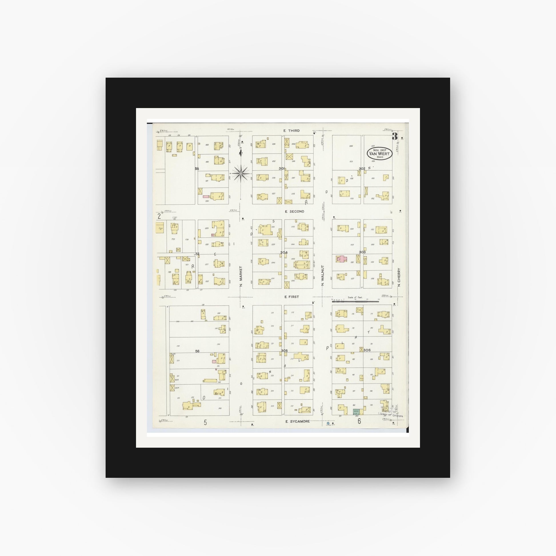 Old map wall art mockup — black gallery frame with white mat — Sanborn Fire Insurance Map from Van Wert, Van Wert County, Ohio (1907), Sheet #0003