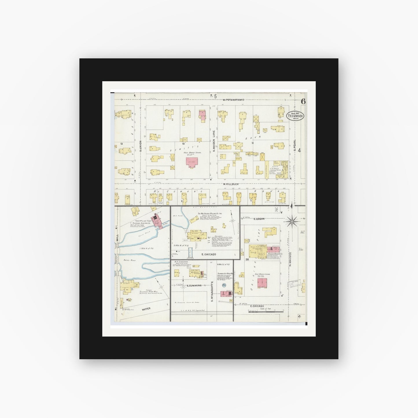 Old map wall art mockup — black gallery frame with white mat — Sanborn Fire Insurance Map from Tecumseh, Lenawee County, Michigan (1907), Sheet #0006