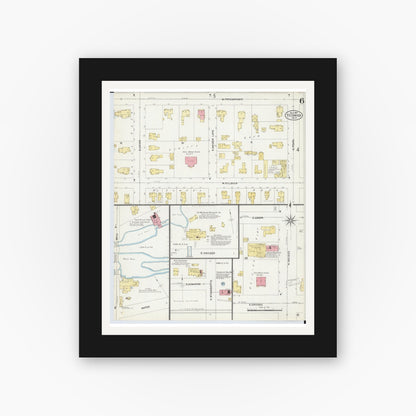 Old map wall art mockup — black gallery frame with white mat — Sanborn Fire Insurance Map from Tecumseh, Lenawee County, Michigan (1907), Sheet #0006