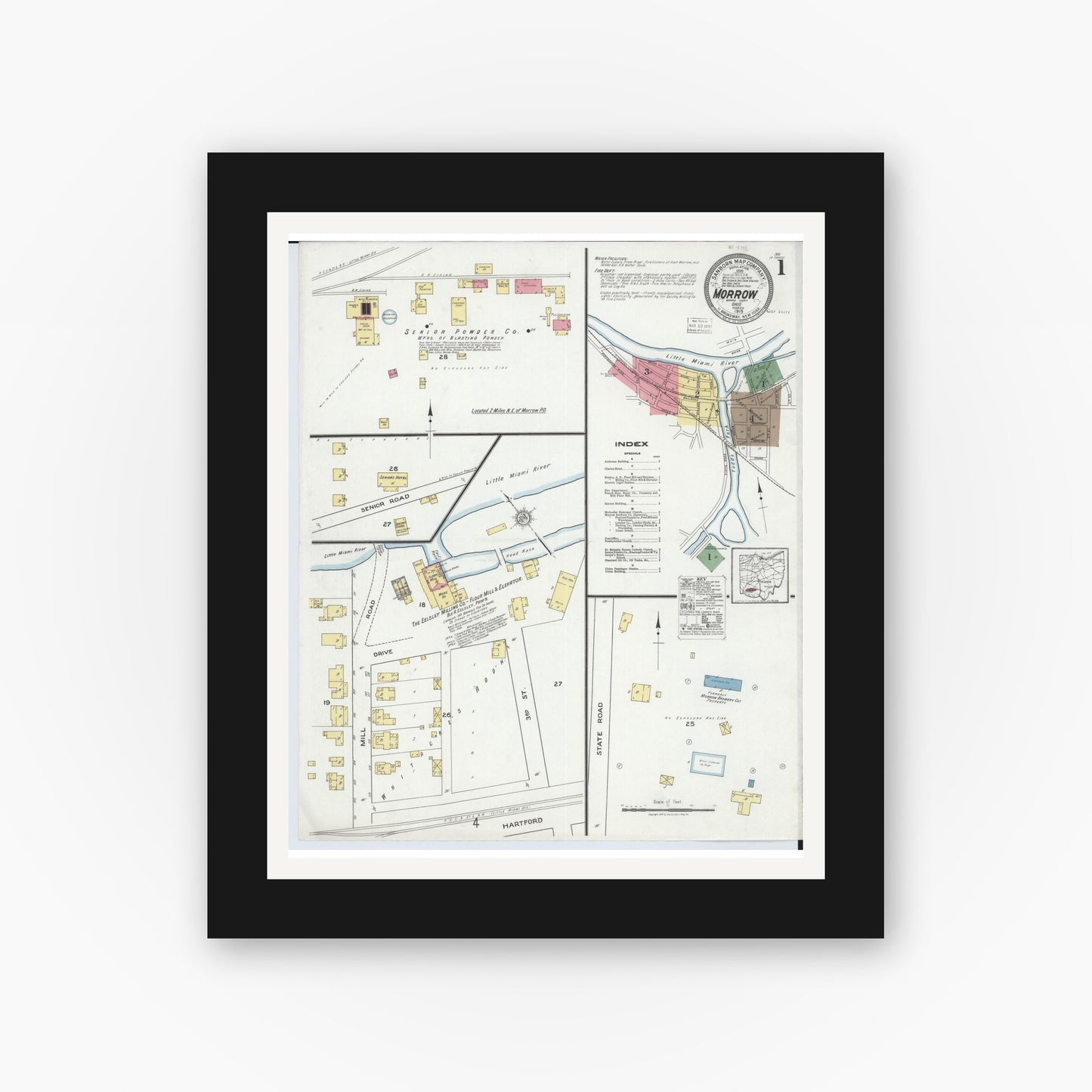 Old map wall art mockup — black gallery frame with white mat — Sanborn Fire Insurance Map from Morrow, Warren County, Ohio (1919), Sheet #0001