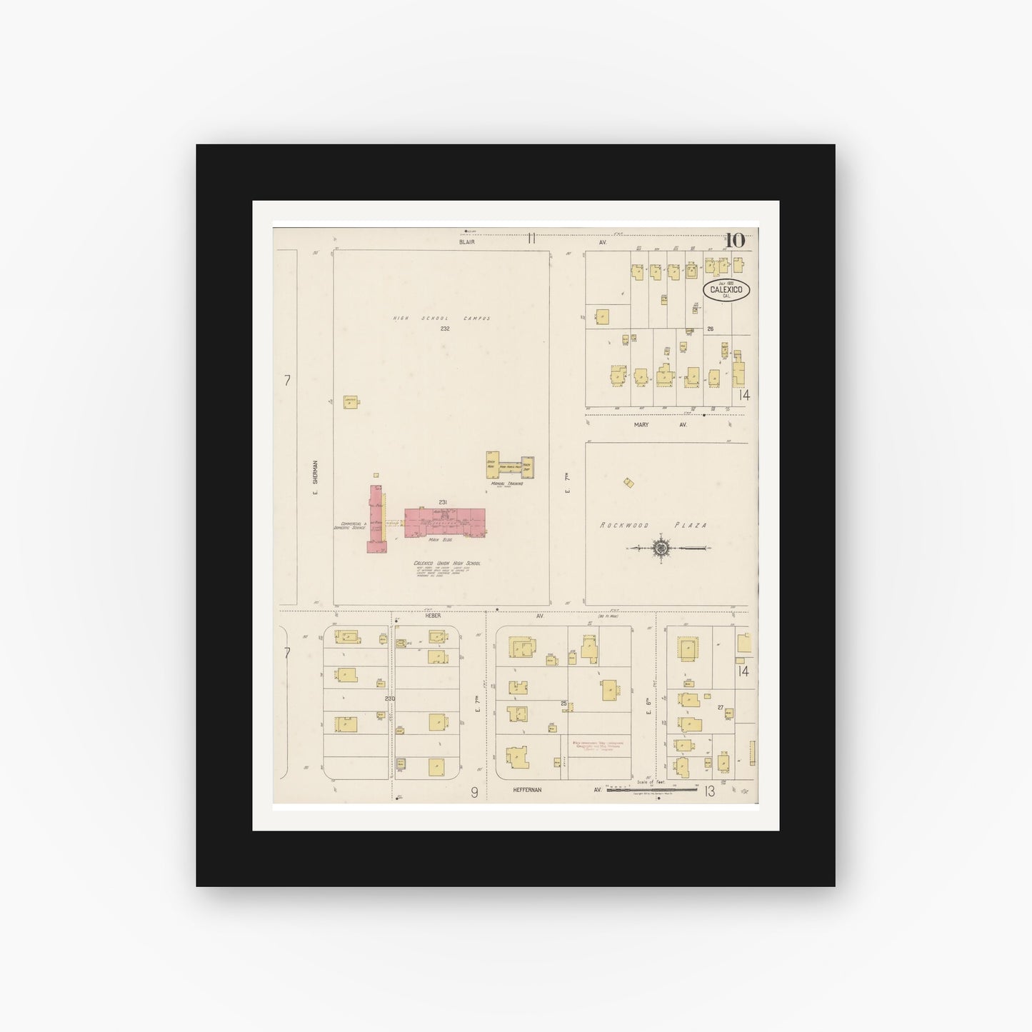 Old map wall art mockup — black gallery frame with white mat — Sanborn Fire Insurance Map from Calexico, Imperial County, California (1920), Sheet #0010