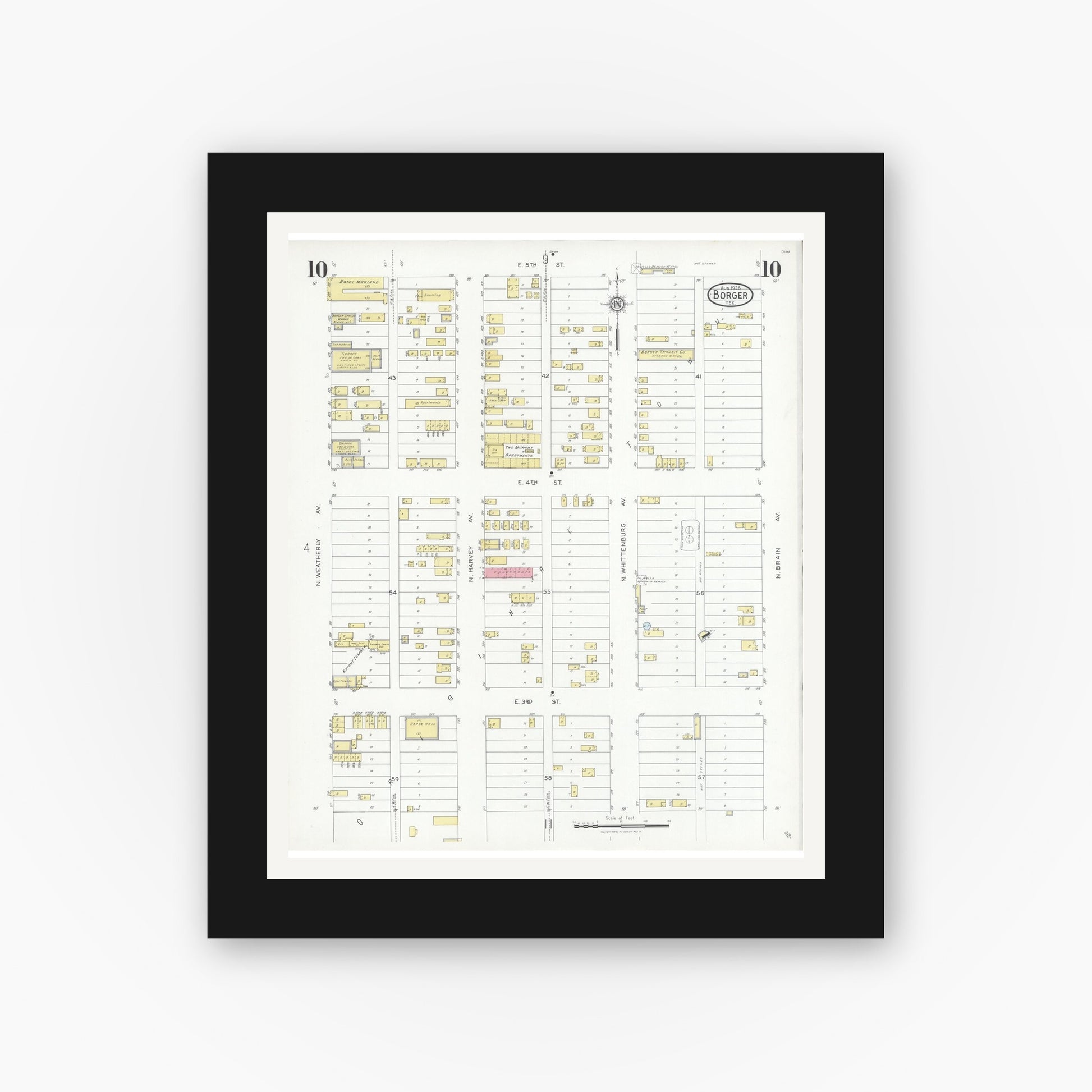 Old map wall art mockup — black gallery frame with white mat — Sanborn Fire Insurance Map from Borger, Hutchinson County, Texas (1928), Sheet #0010