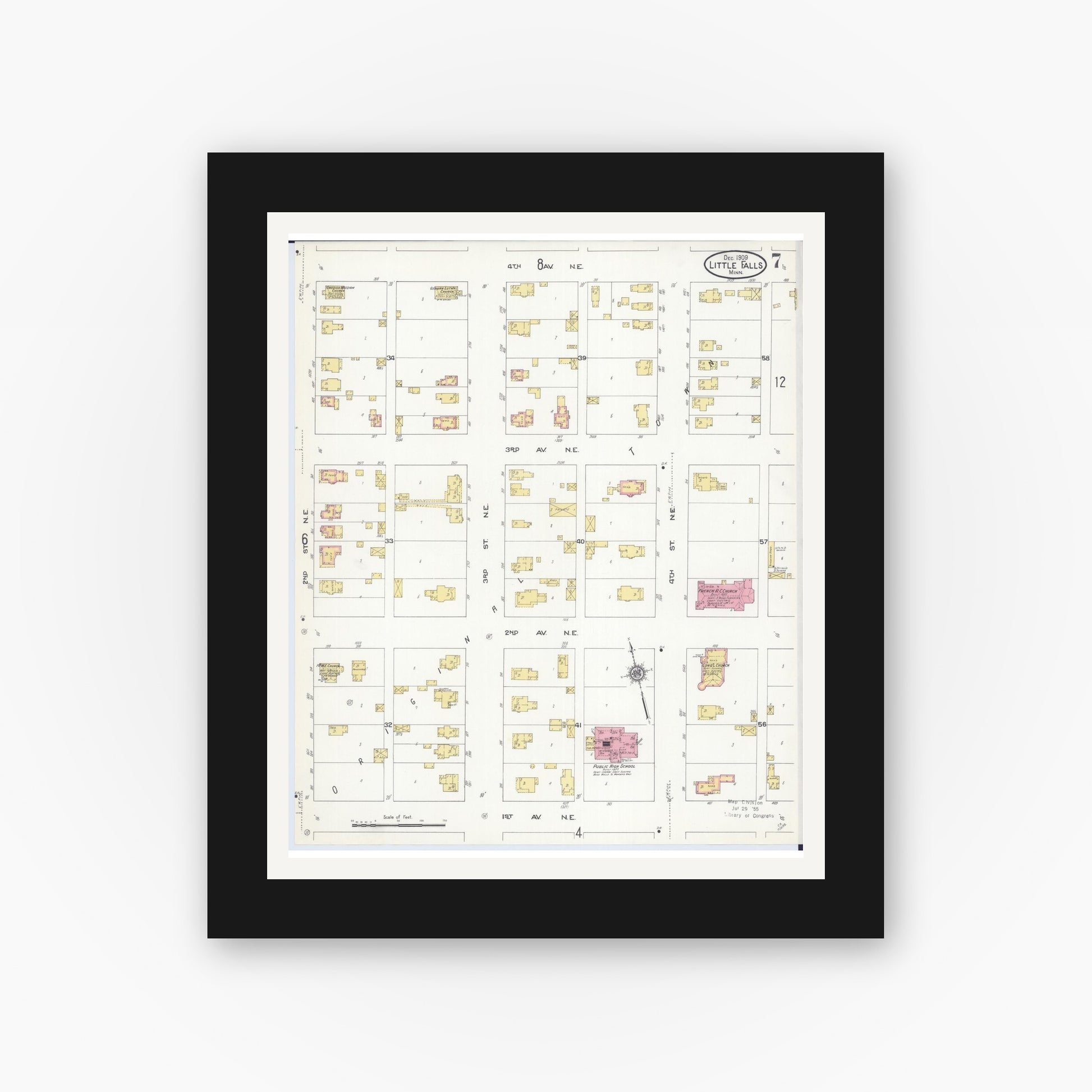 Old map wall art mockup — black gallery frame with white mat — Sanborn Fire Insurance Map from Little Falls, Morrison County, Minnesota (1909), Sheet #0007