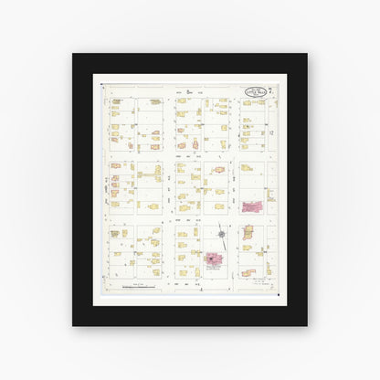 Old map wall art mockup — black gallery frame with white mat — Sanborn Fire Insurance Map from Little Falls, Morrison County, Minnesota (1909), Sheet #0007