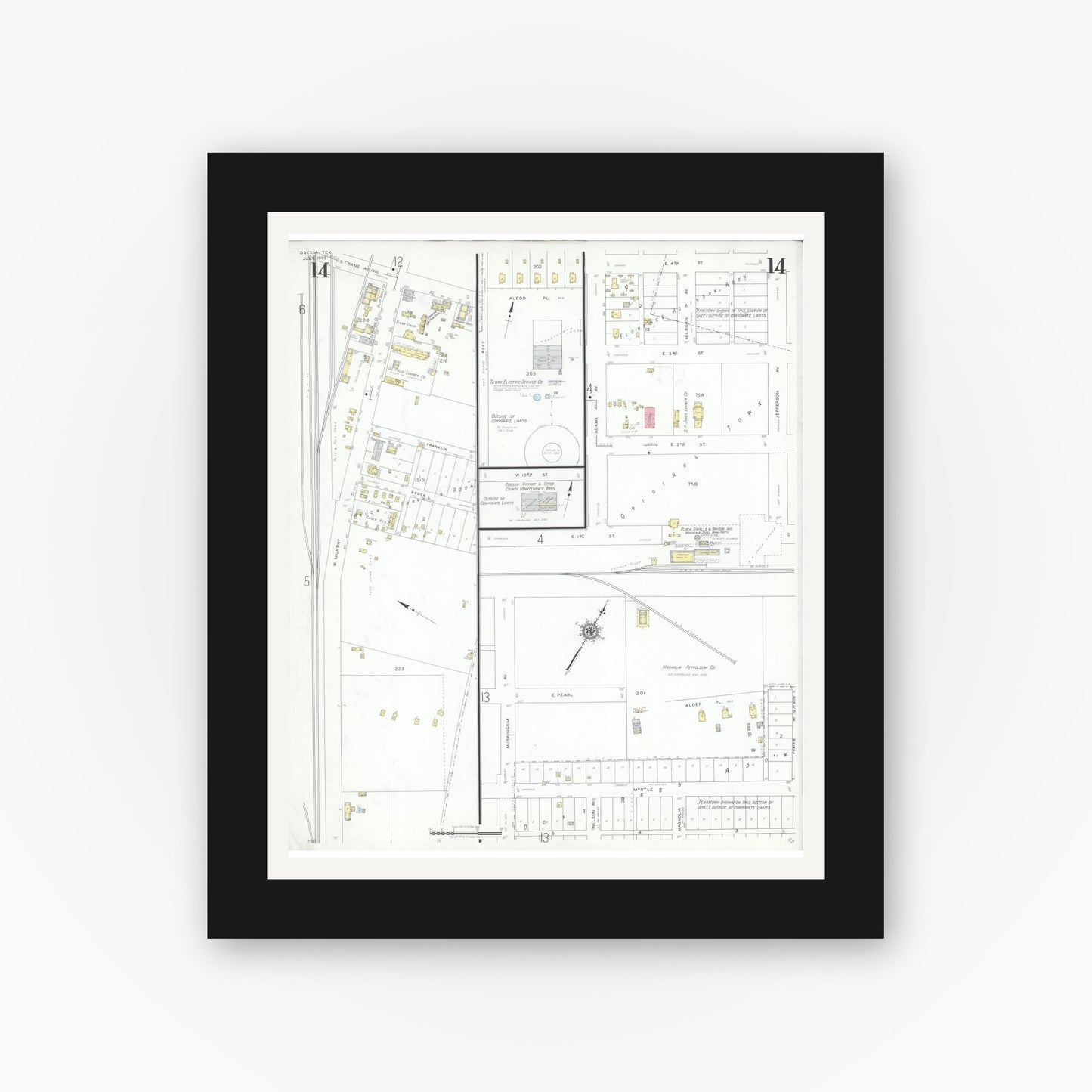 Old map wall art mockup — black gallery frame with white mat — Sanborn Fire Insurance Map from Odessa, Edger County, Texas (1939), Sheet #0014