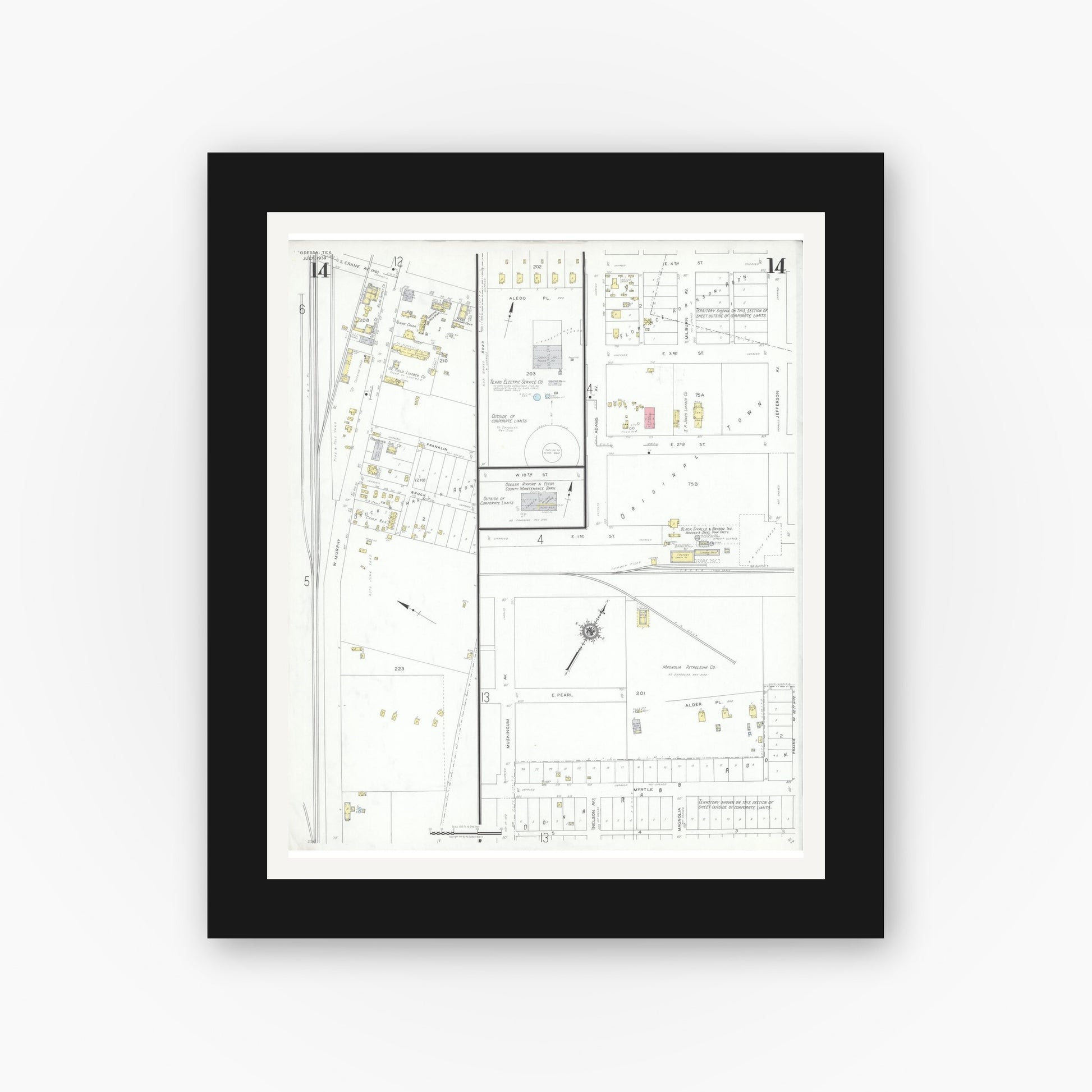 Old map wall art mockup — black gallery frame with white mat — Sanborn Fire Insurance Map from Odessa, Edger County, Texas (1939), Sheet #0014