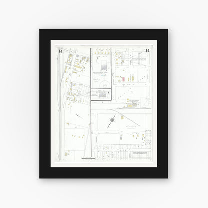 Old map wall art mockup — black gallery frame with white mat — Sanborn Fire Insurance Map from Odessa, Edger County, Texas (1939), Sheet #0014