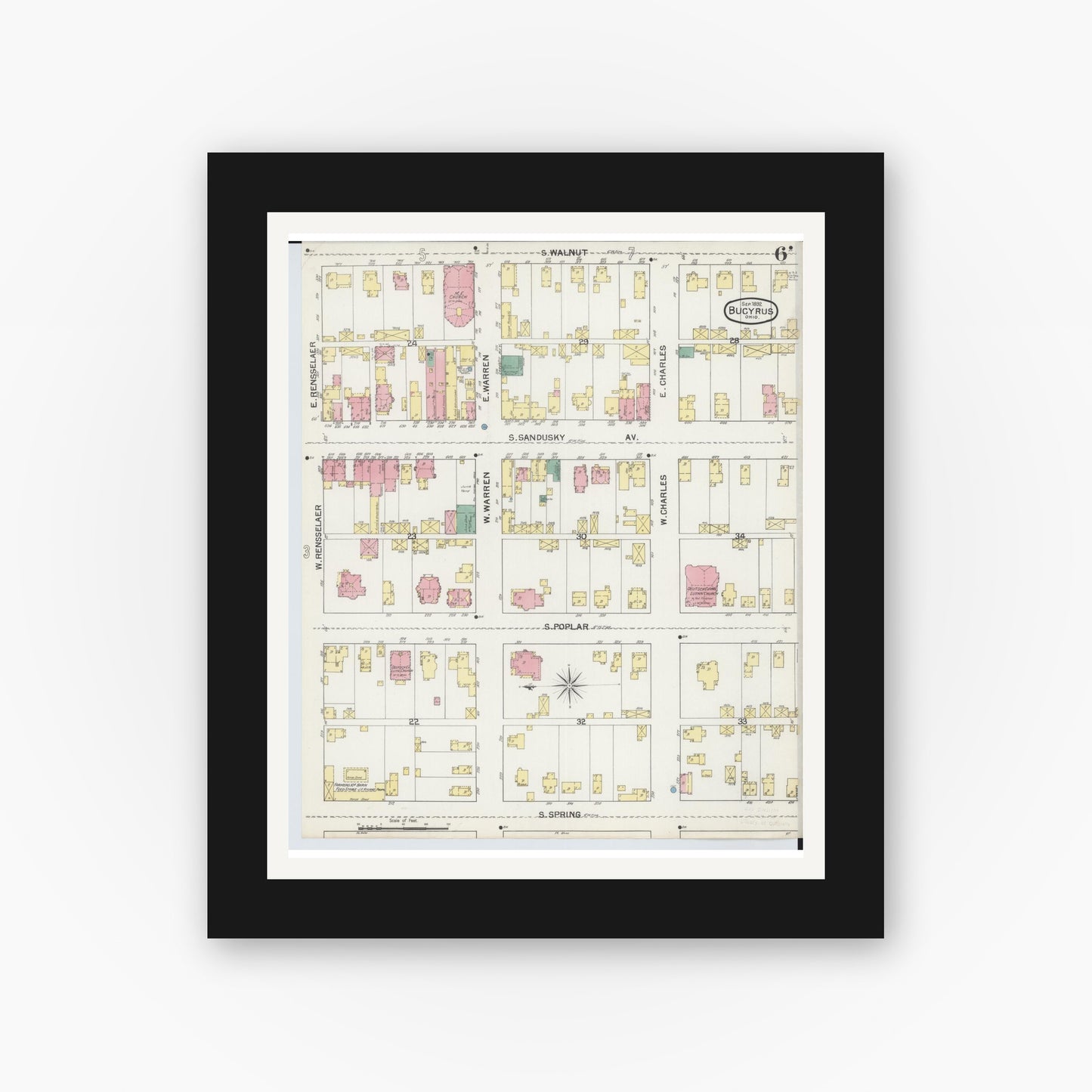 Old map wall art mockup — black gallery frame with white mat — Sanborn Fire Insurance Map from Bucyrus, Crawford County, Ohio (1892), Sheet #0006