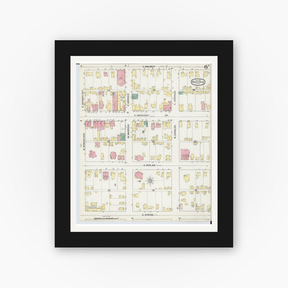 Old map wall art mockup — black gallery frame with white mat — Sanborn Fire Insurance Map from Bucyrus, Crawford County, Ohio (1892), Sheet #0006