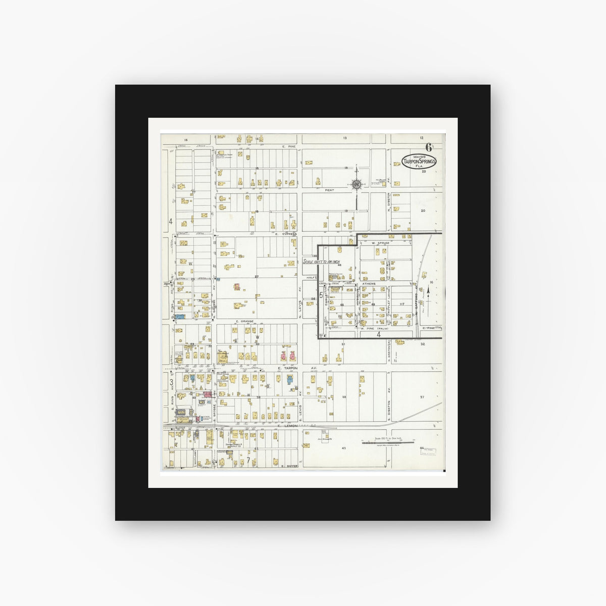 Old map wall art mockup — black gallery frame with white mat — Sanborn Fire Insurance Map from Tarpon Springs, Pinellas County, Florida (1919), Sheet #0006