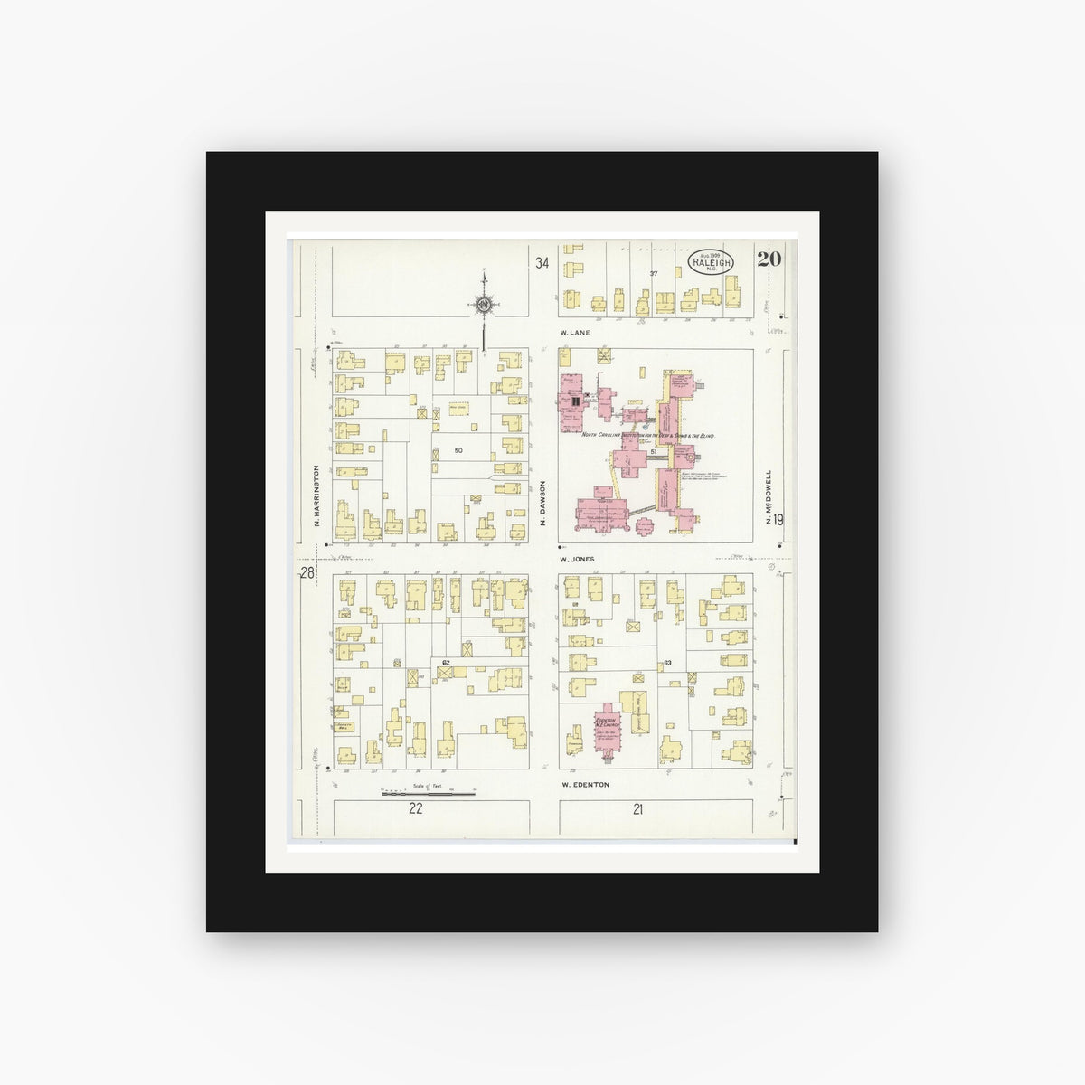 Old map wall art mockup — black gallery frame with white mat — Sanborn Fire Insurance Map from Raleigh, Wake County, North Carolina (1909), Sheet #0020