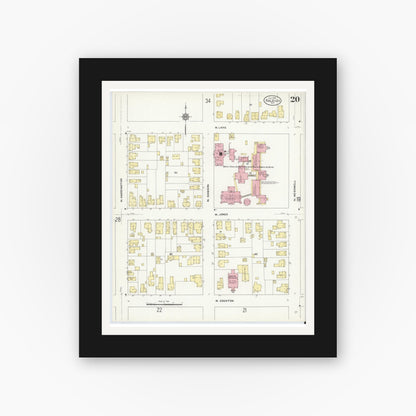Old map wall art mockup — black gallery frame with white mat — Sanborn Fire Insurance Map from Raleigh, Wake County, North Carolina (1909), Sheet #0020